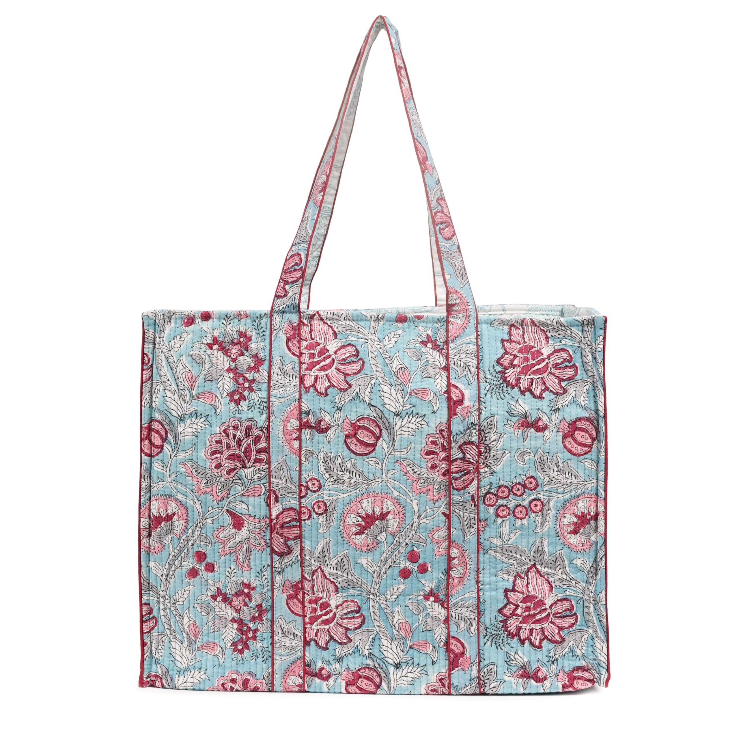 Cotton Hand Block Floral Print Tote For Women Handbag For Work Laptop Bag Foldable Travel Beach Shoulder bag (Blue)