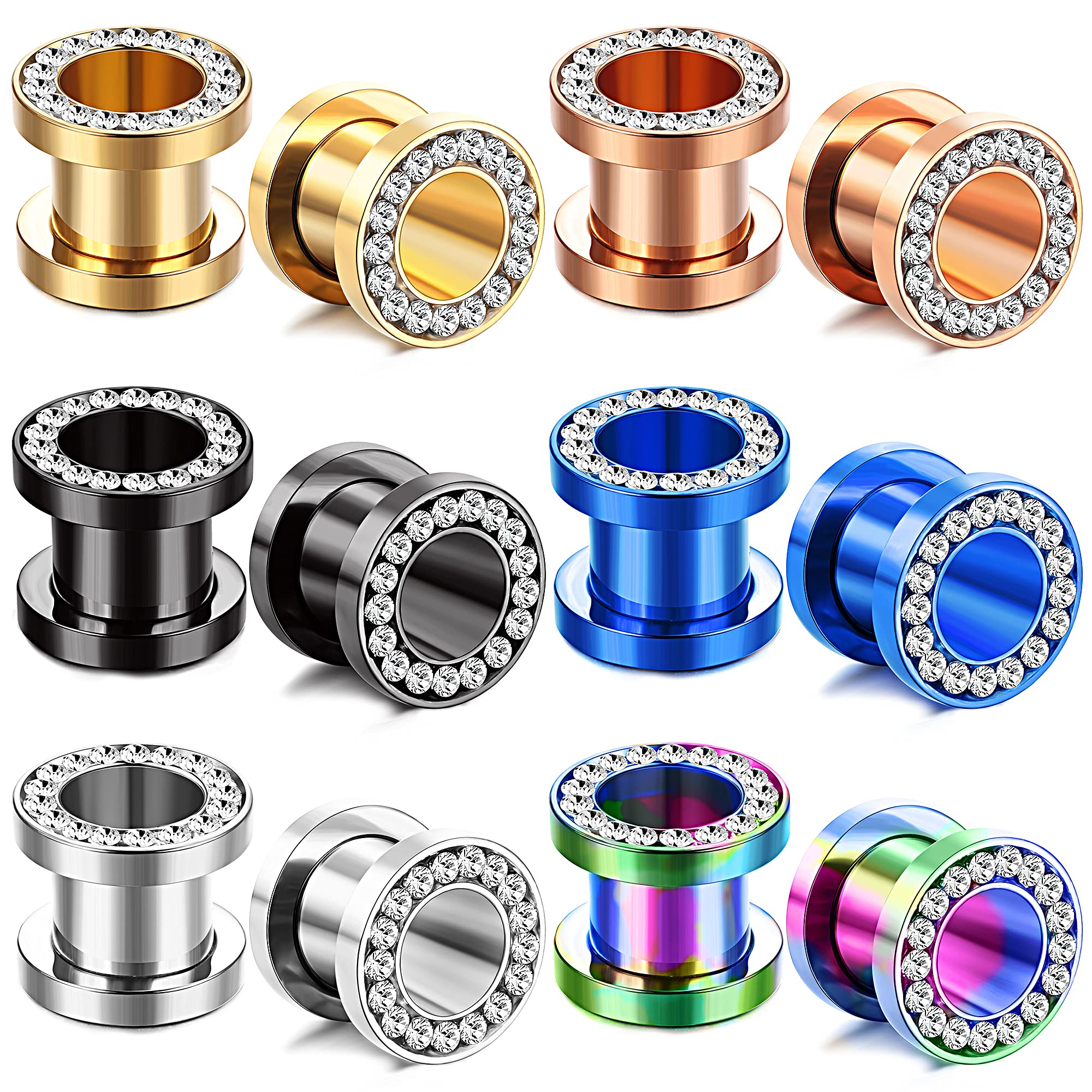 IRONBOX6Pairs 00Gauges Ear Tunnel Expander Earrings Stainless Steel With Ziecon 0G Ear Plugs Earrings 2G Ear Stretcher Piercings Jewelry 14G-00G Double Flared Screw Fit Ear Gauges Set