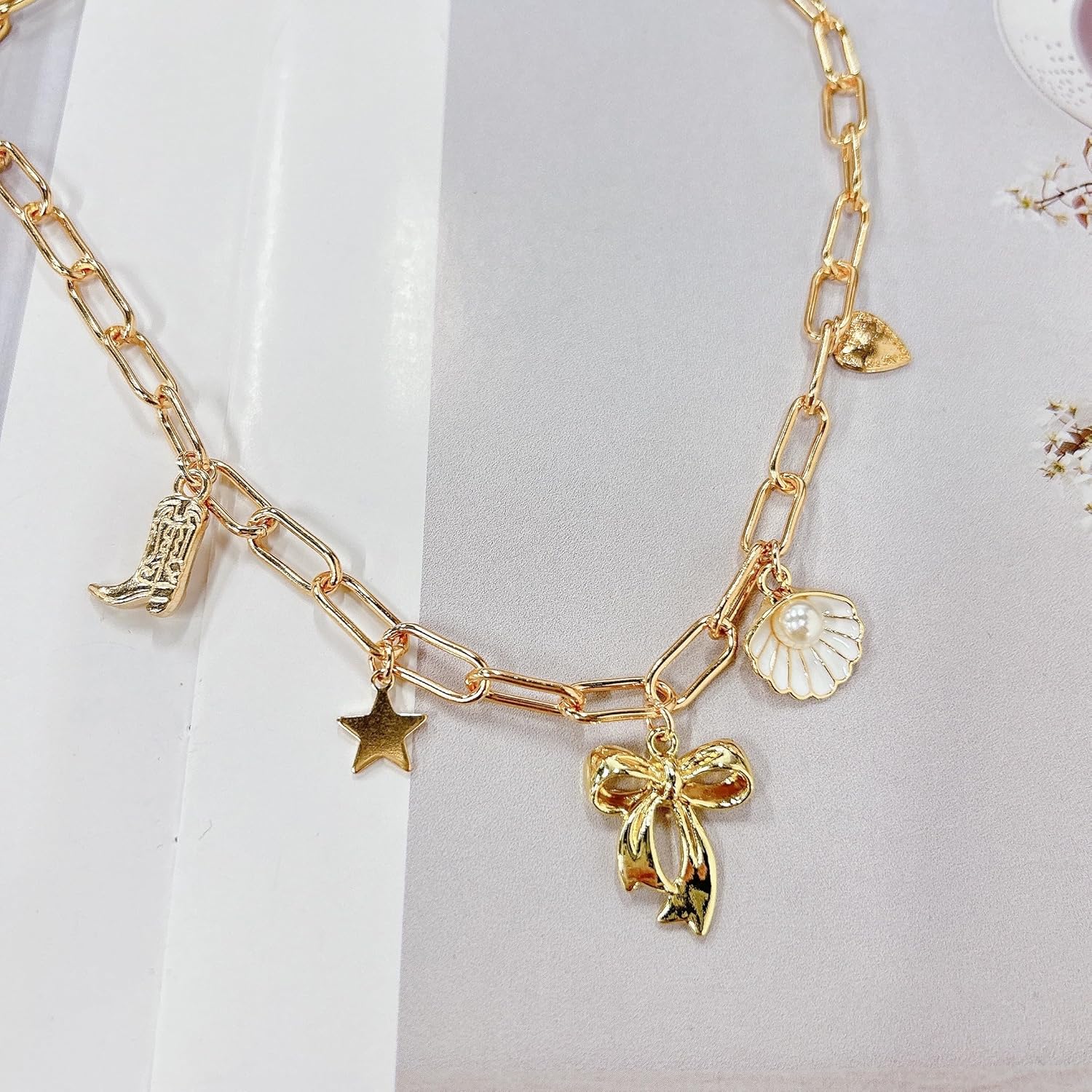 Dainty Western Charm Necklace for Women Chunky Paperclip Link Chain Choker Boho Cowboy Boot Star Bow Heart Shell Pearl Pendant Trendy Y2k Ocean Summer Beach Surfer Jewelry Cowgirl Accessory - Image 5