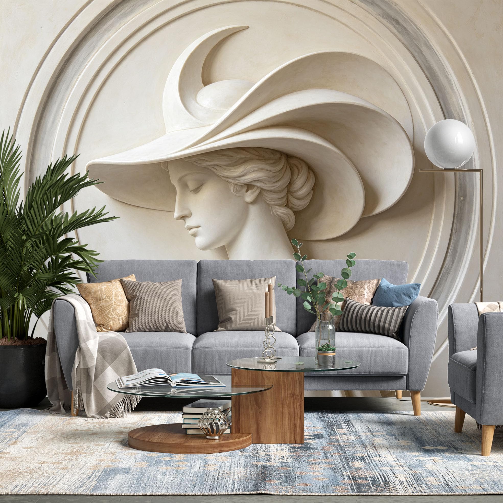 Papier Peint Mural Intissé 500 x 280 cm Motif Femme Élégante Au Chapeau À Larges Bords Style Sculpture 3D Idéal pour Le Salon Ou la Chambre Décoration Fresque Murale Inspirée Par la Sculpture