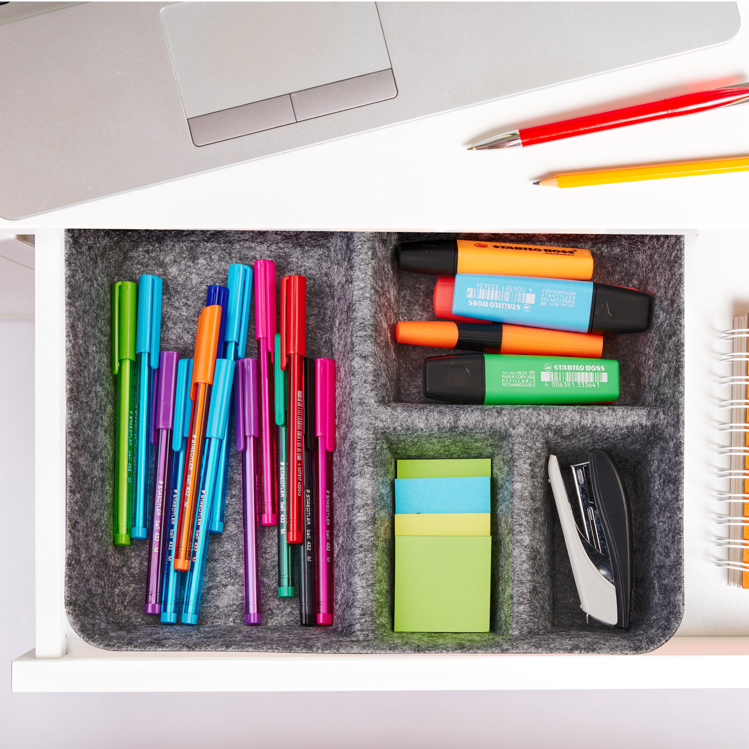 Relaxdays Organizer da Scrivania, 6 Scomparti e Cassetto, Portaoggetti Effetto Lino, Portapenne