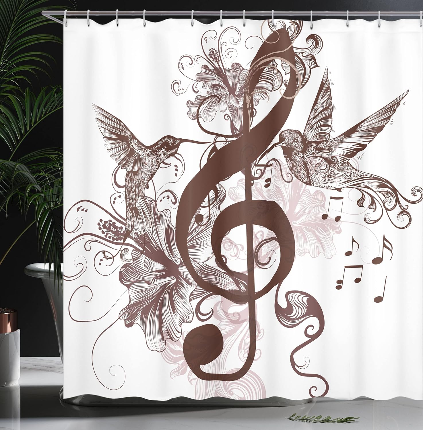 Ambesonne Music Shower Curtain, Floral Design Treble Clef and Singing Flying Birds Sparrows Art, Cloth Fabric Bathroom Decor Set with Hooks, 69" W x 70" L, Chestnut Brown White