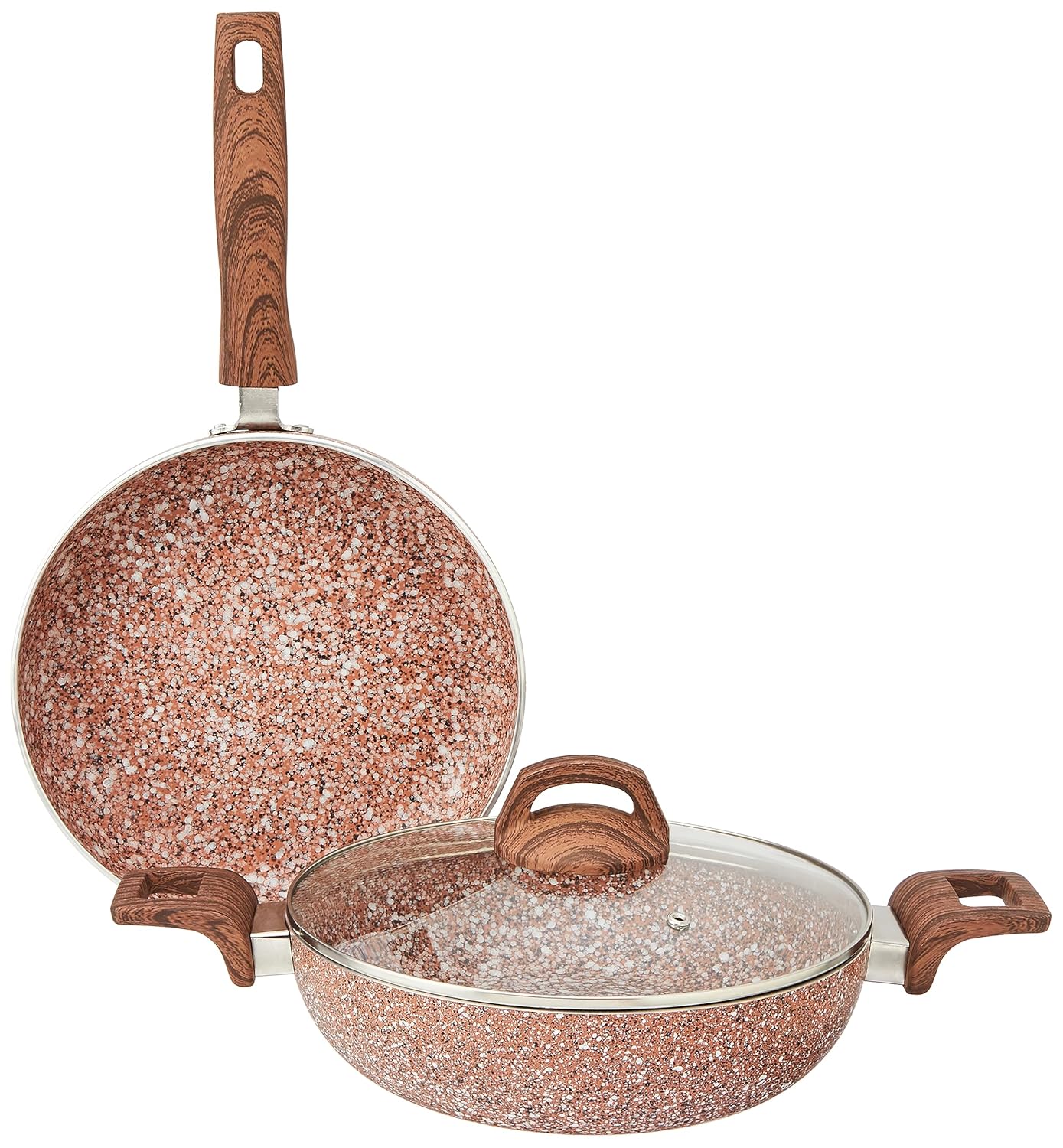 amazon basics Granite Finish Aluminium Non-Stick Induction Base Cookware | Set of 2 | 24cm Fry Pan, 24 cm Kadai | Rust Granito | Rust Red