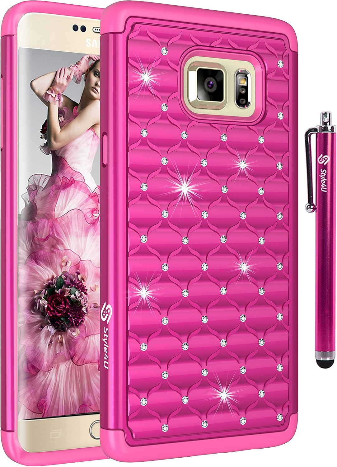 Style4U Galaxy S6 Edge Plus Case, Studded Rhinestone Crystal Bling Hybrid Armor Case Cover for Samsung Galaxy S6 Edge Plus / S6 Edge + with 1 Stylus [Hot Pink/Hot Pink]