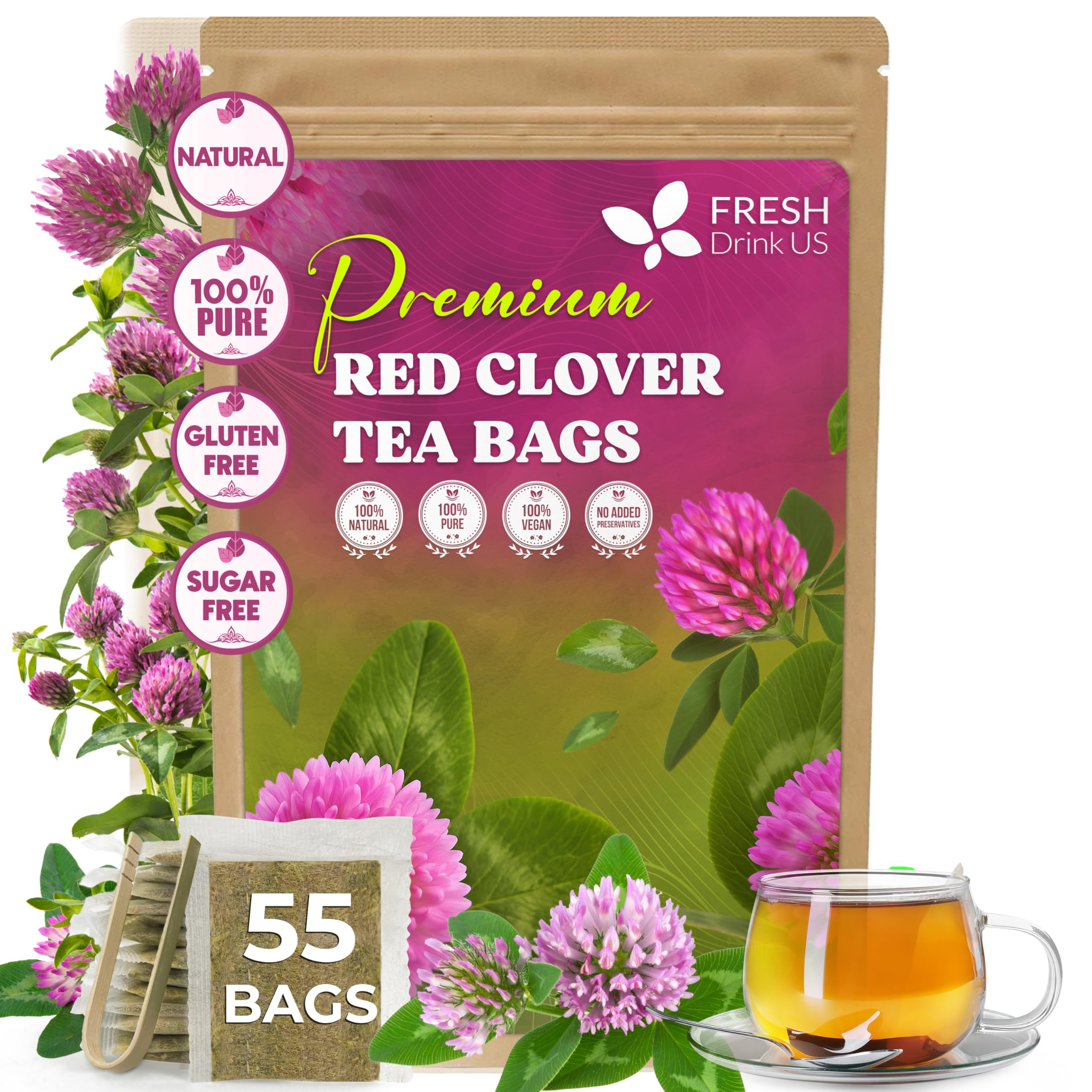 FreshDrinkUS, Premium Red Clover Herbal Tea– 55 Tea Bags – Pure – Naturally Smooth & Mild Flavor – Premium Quality, Eco-Conscious Packaging.