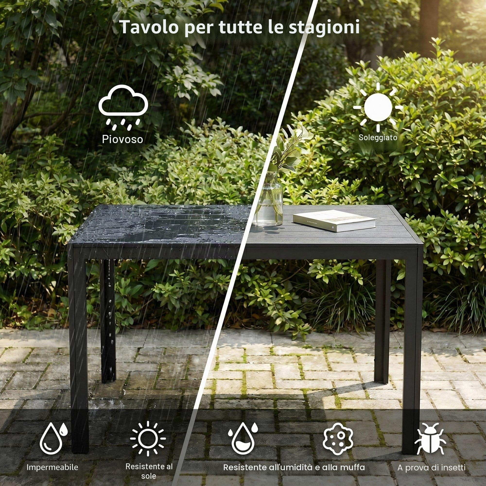 LIFERUN Tavolo da Giardino 110x70 cm, Tavolo da Terrazzo in WPC per 4-6 Persone, Tavolo da Balcone Resistente alle Intemperie con Telaio in Alluminio, Design Effetto Legno,Nero