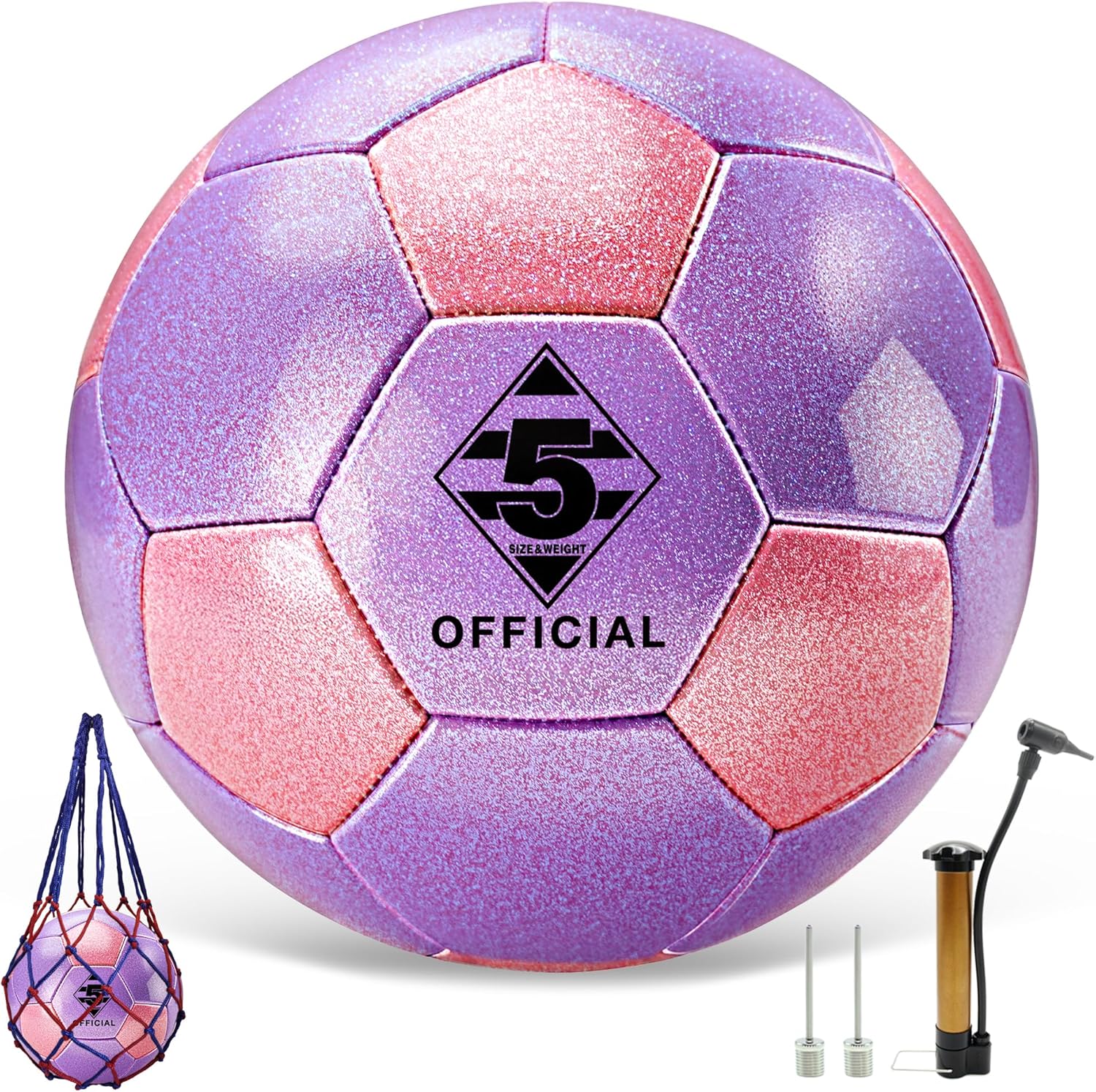 Glitter Pink Purple Soccer Ball Size 3 4 5 with Pump & Needle/Mesh Bag, Sofu PU Soccer Ball Kit for Indoor Outdoor Practicing Training Playing Gift Teens Youth Adults (Pink&Purple)