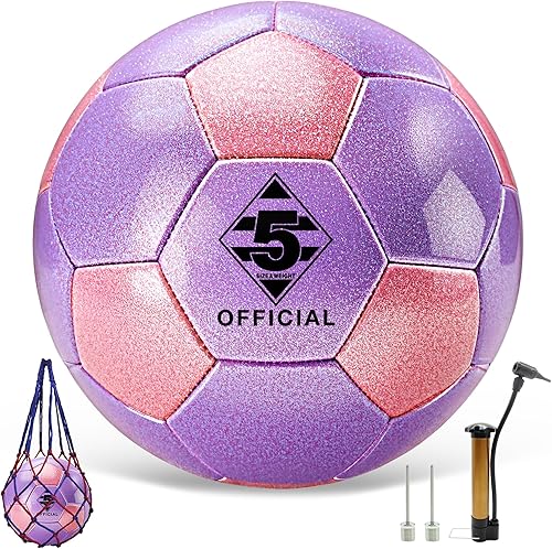 Miniatura 5 de Balón de fútbol rosa morado con purpurina, tamaño 3, 4, 5 con bomba y bolsa de aguja/malla, kit de pelota de fútbol de poliuretano Sofu para