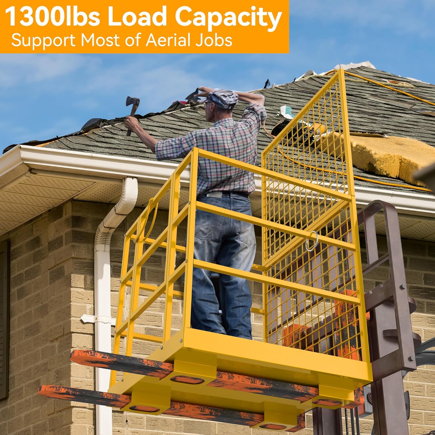 YINTATECH Forklift Safety Cage, 43"x45" Forklift Man Basket,1300lbs Capacity Forklift Work Platform, Forklift Aerial Platform 2-Man Collapsible Lift Basket for Lifting Loader