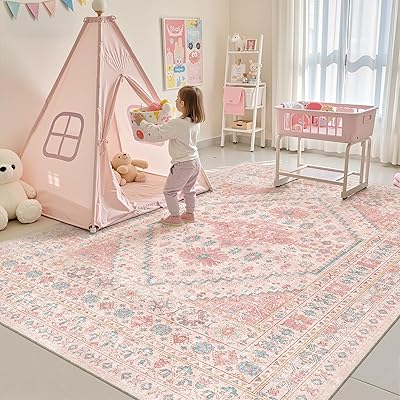 zesthome 6x9 Washable Rugs for Baby Girl, Super Soft Pink Rugs for Nursery Room, Non-Slip Stain Resistant Bedroom Rug, Ultra-Thin Large Area Rug (Pink/Blue,6'x9')