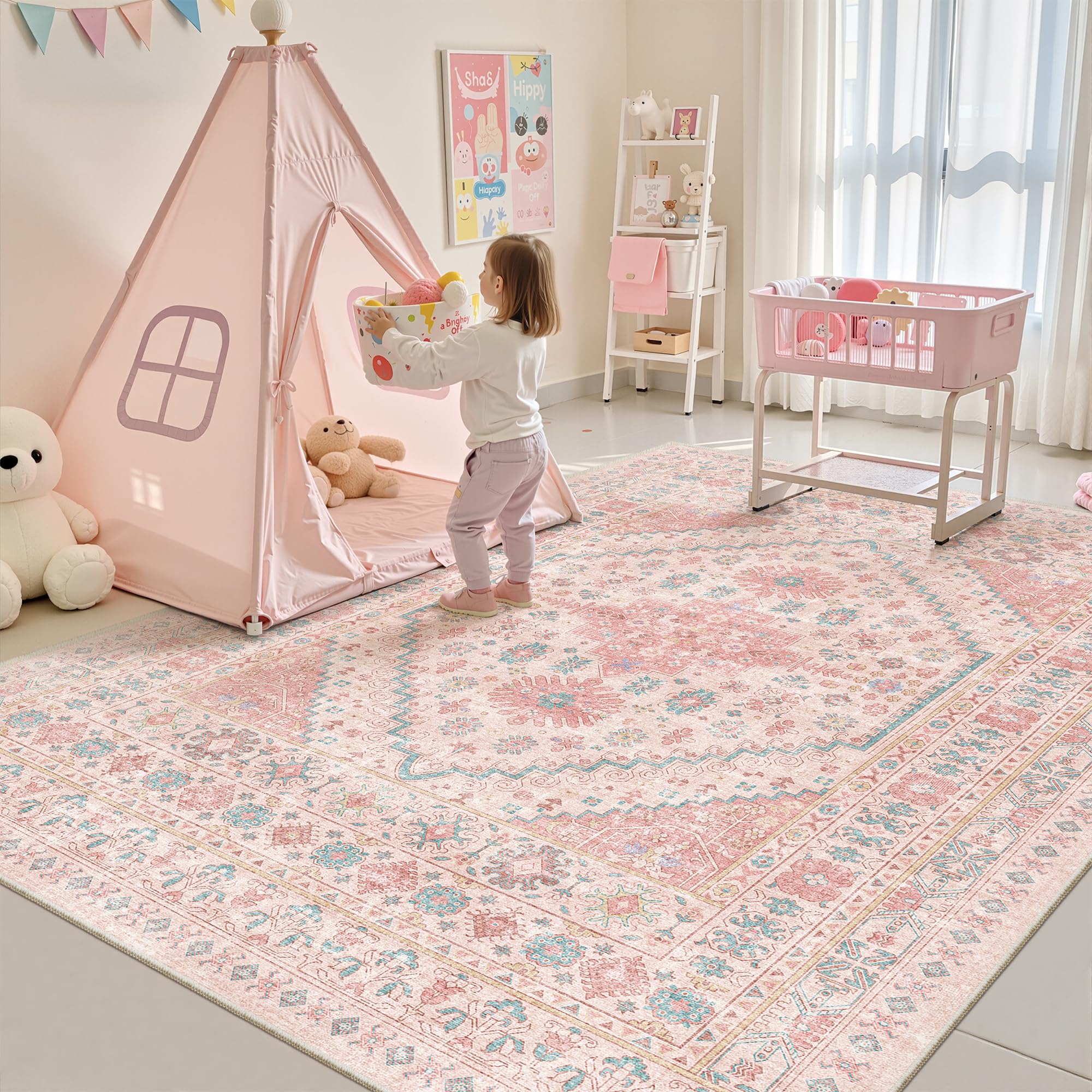 zesthome 6x9 Washable Rugs for Baby Girl, Super Soft Pink Rugs for Nursery Room, Non-Slip Stain Resistant Bedroom Rug, Ultra-Thin Large Area Rug (Pink