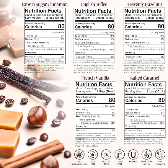 Barista's Secret Coffee Syrups Variety Pack Gourmet Flavored Syrup Set for Coffee, Drinks & Desserts French Vanilla, Caramel, Hazelnut, Toffee, Brown Sugar Cinnamon 5 Pack, 12.7 oz Each