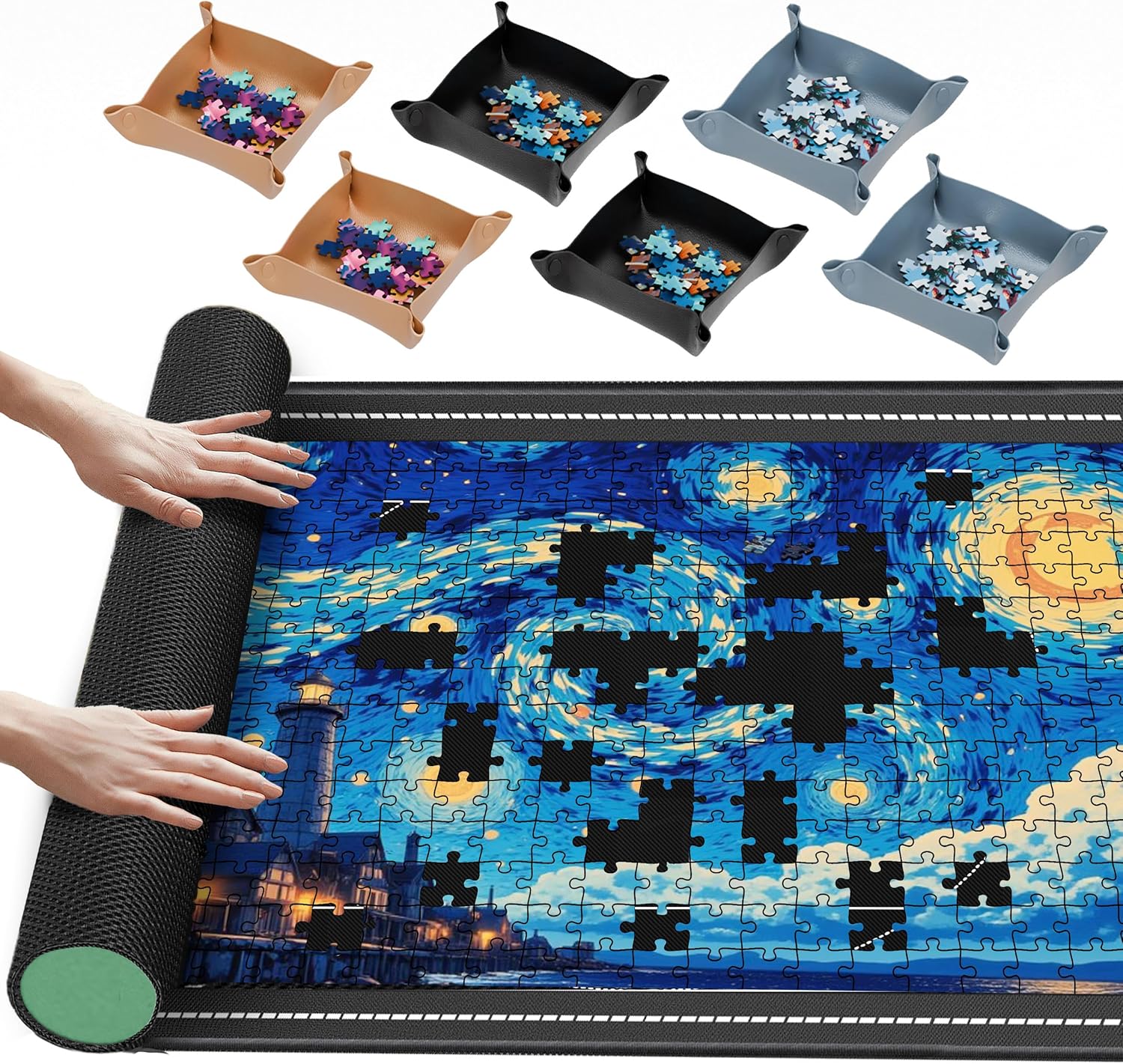 Lwoeo Jigsaw Puzzle Mat Roll Up 2000 Pieces, Black 48” x 31” Smooth Top Saver Pad, Large Rubber Puzzel Matt Rollup with 6 Sorting Trays & Travel Storage Bag for Sorting Table, Board, Puzzles Mats