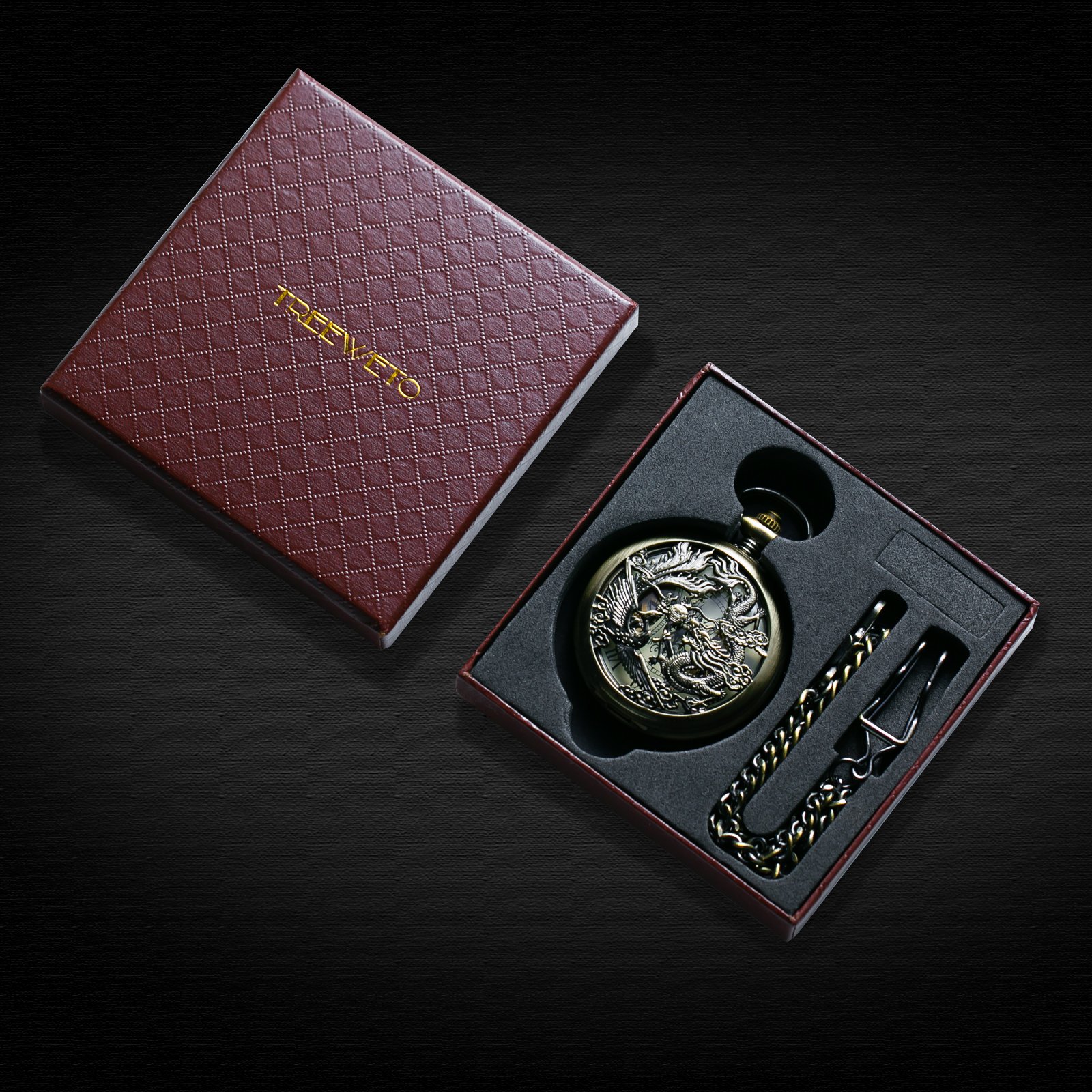 TREEWETO Orologio da taschino da uomo con catena analogica a carica manuale antico drago fenice scheletro bronzo