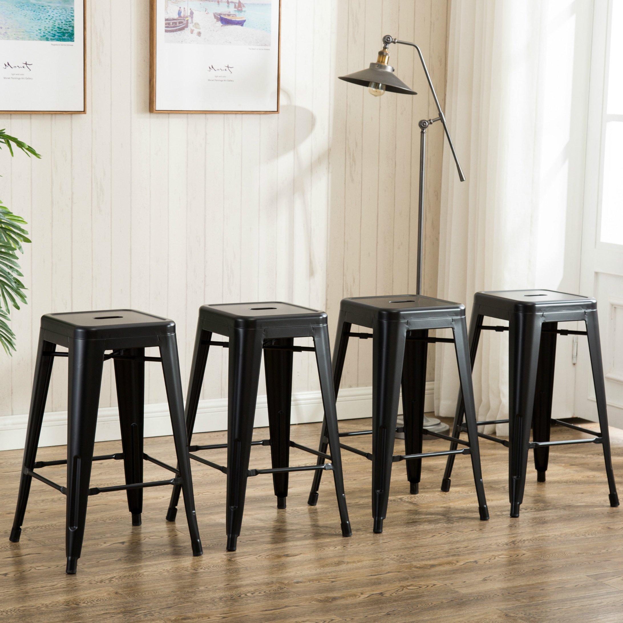26 inch Backless Metal Counter Height Bar Stools (Set of 4) Vintage Tolix Chairs Matt Black