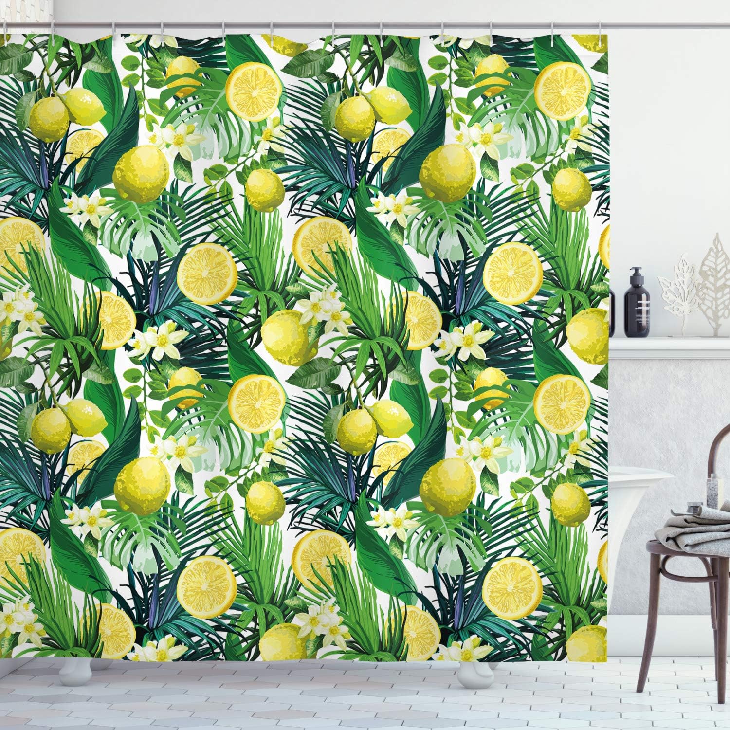 Ambesonne Nature Shower Curtain, Tropical Plants with Large Evergreen Leaf Lemon Botany Palm Jungle Graphic, Cloth Fabric Bathroom Decor Set with Hooks, 69" W x 84" L, Yellow Forest Green