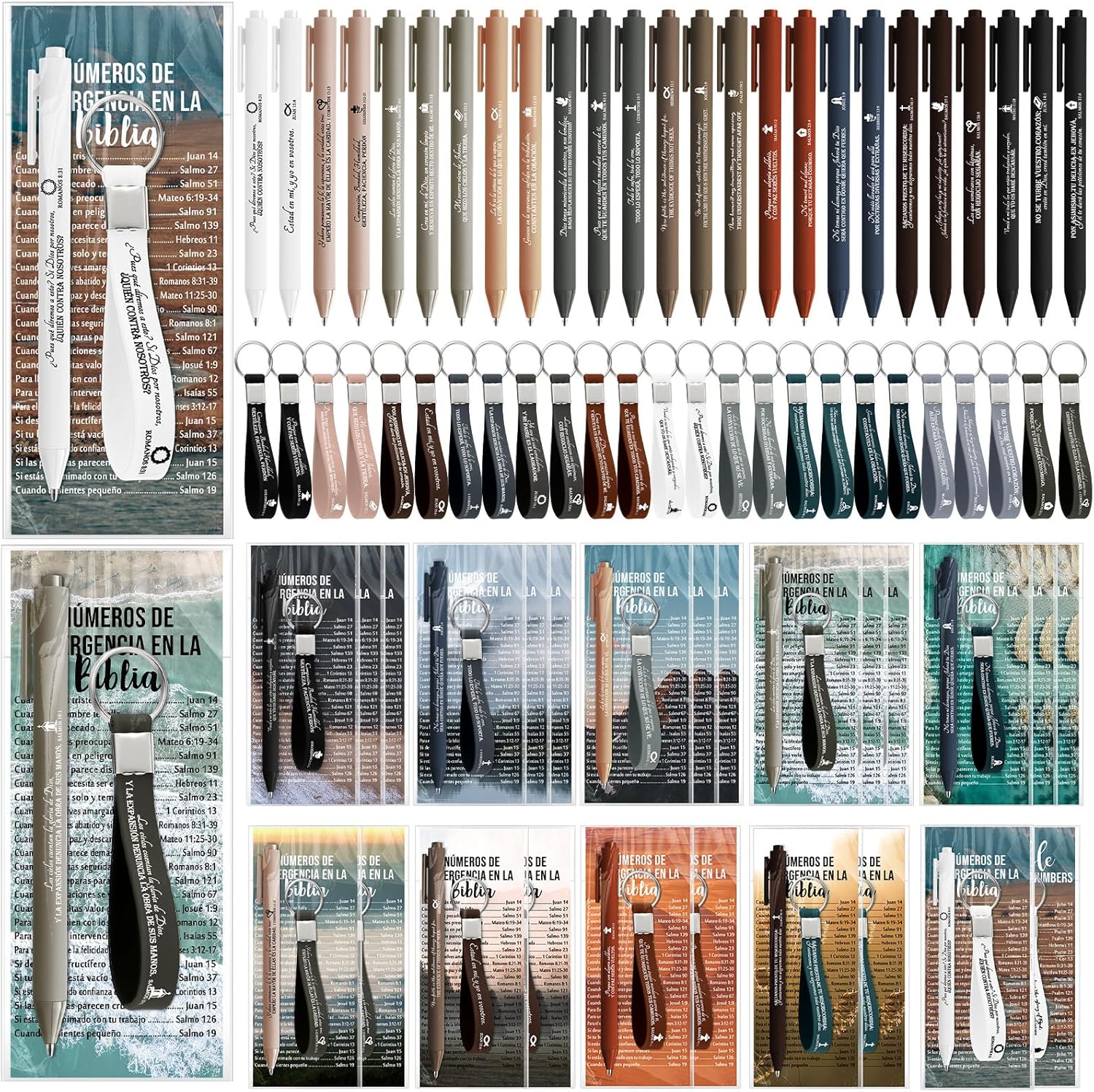 25 Set Valentines Christian Gifts Bulk Religious Pens Bible Verse Emergency Numbers Bookmark Scripture Keychain Regalos Cristianos for Women Men Pastor Clergy Appreciation (Spanish)