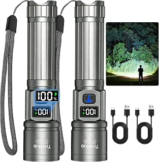 TrixHub Rechargeable Flashlights 2 Pack Super Bright Flash Light (Titanium) | LCD Digital Display, 5 Modes, USB C Charging, Zoomable Linternas, Powerful Handheld Flashlights for Home Emergencies Camping
