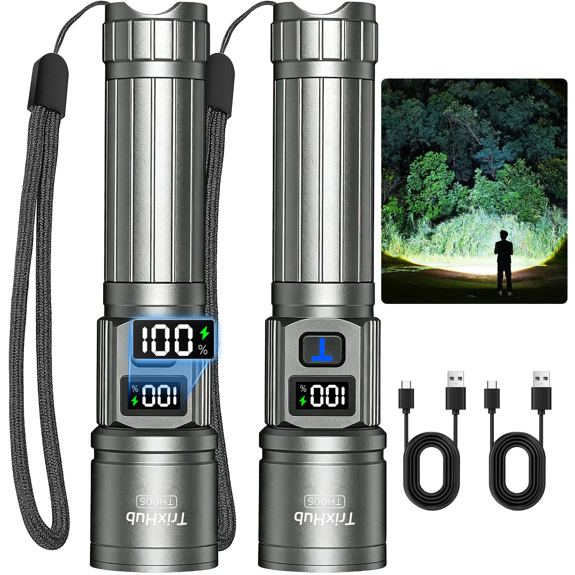 TrixHub Rechargeable Flashlights 2 Pack, Super Bright High Lumens Flash Light, 5 Modes Zoomable Linternas with LCD Digital Display, Powerful Handheld LED Flashlights for Home Camping (Titanium)