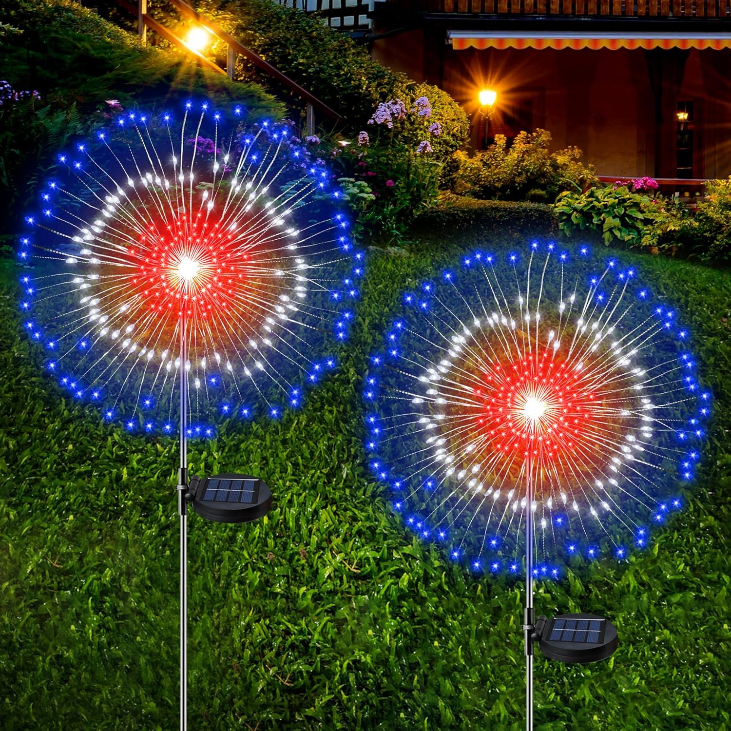 [Upgrade] 4th of July Decorations Outdoor Solar Lights, 2 Pack Solar Powered Firework Lights with 8 Modes Red White Blue LED Lights Patriotic Decorations for Memorial Day Presidents Day Veterans Day