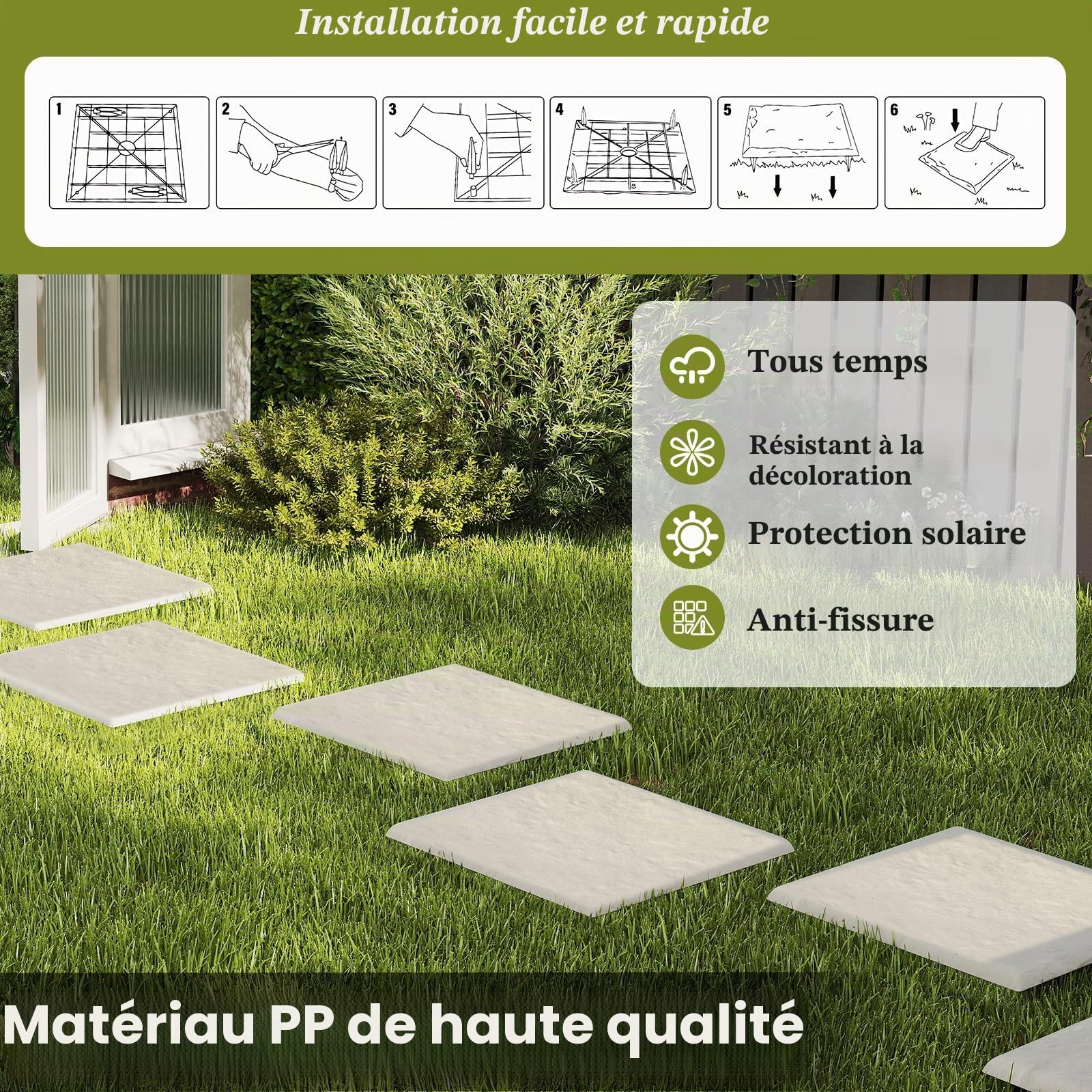 LIFEZEAL Dalles de Jardin 39,5x39,5 cm, Lot de 8 Dalles avec Piquets de Fixation au Sol, Pierres Décoratives pour Allée de Jardin, Chemin Extérieur, Revêtement de Sol (Beige)
