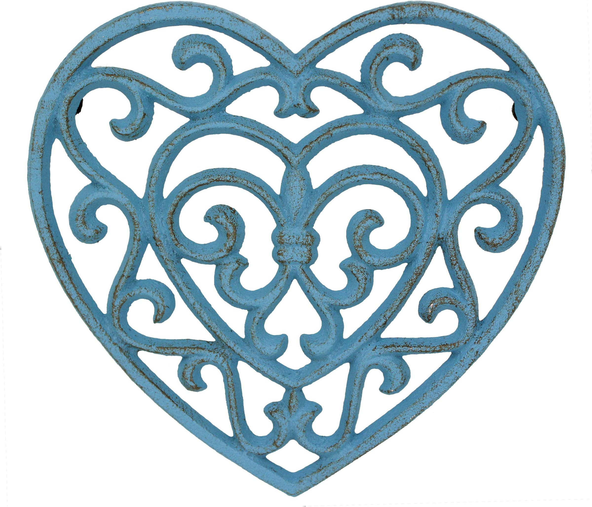 Stonebriar Country Rustic Heat Resistant Denim Blue Heart Shaped Cast Iron Trivet with Rubber Feet