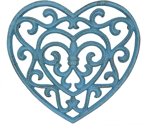 Stonebriar Country Rustic Resistente Al Calor Denim Azul Corazón En Forma De Hierro Fundido Trivet Con Pies De Caucho