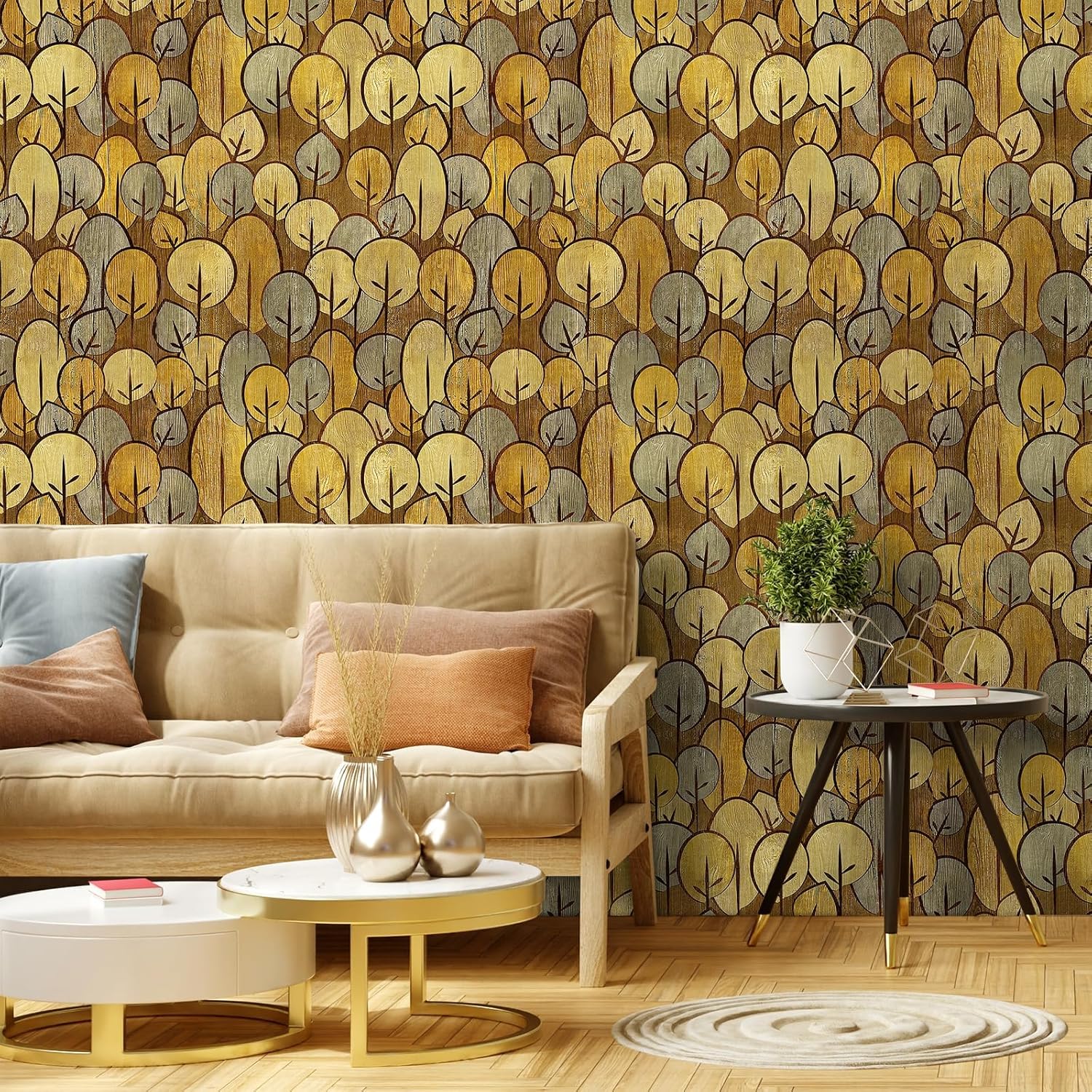 Yellow Tree Peel and Stick Wallpaper Abstract Tree Wallpaper Waterproof 17.5"×236" Self Adhesive Brown Cartoon Trees Wall Paper Peel and Stick Contact Paper for Cabinets and Drawers Bedroom
