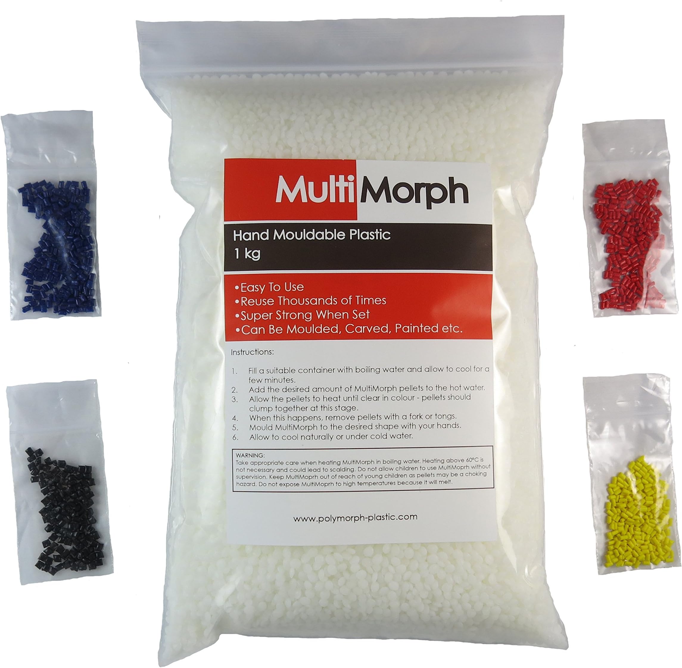 Polymorph Mouldable Plastic Pellets 1kg + 4 Free Colouring Sachets in Resealable Bag Made in UK, Red-Black-Yellow-Blue
