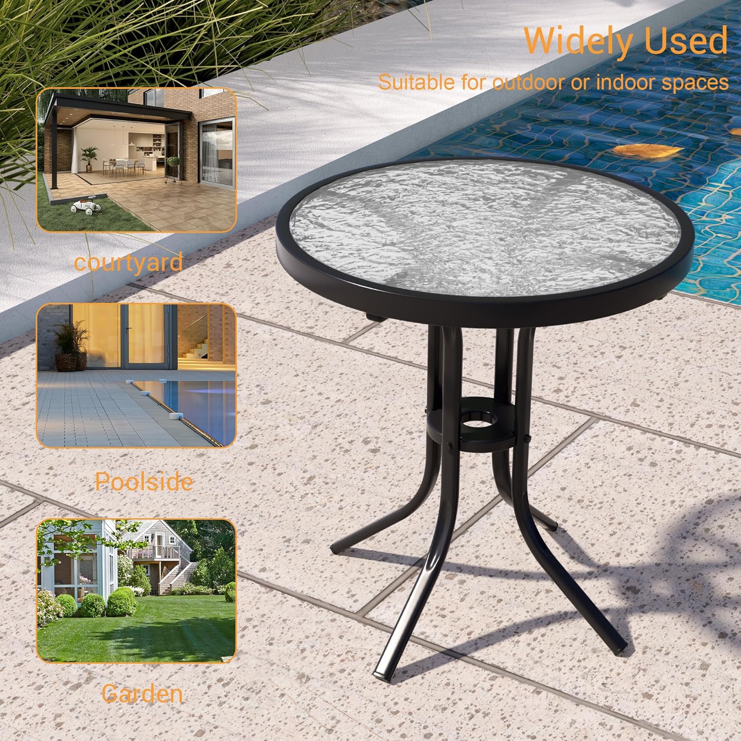 Outdoor Side Table with Tempered Glass Top, 17" Small Round Side Table with Steel Frame, Patio Metal Bistro Table for Balcony Porch Garden