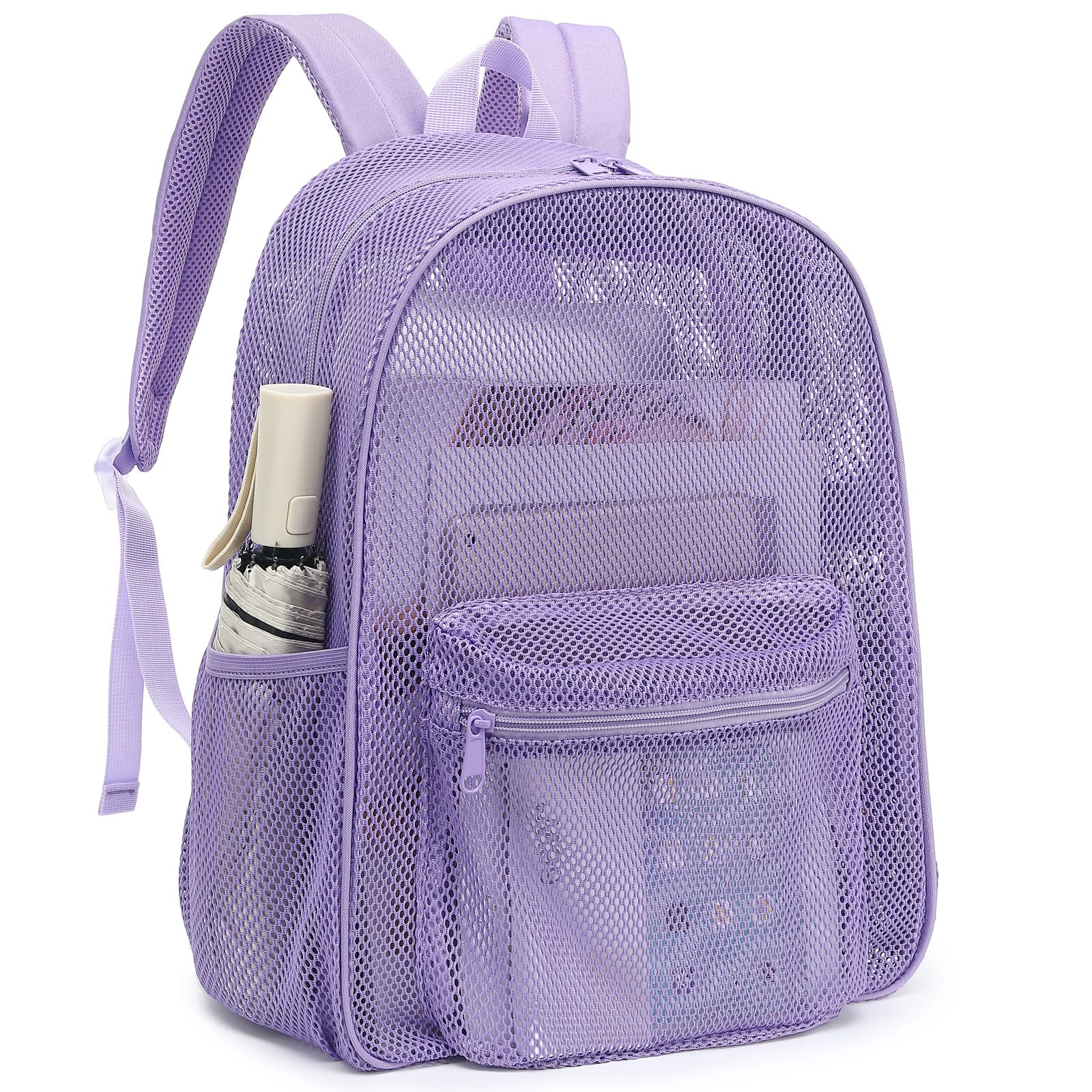 KouxuntHeavy Duty Mesh Backpack, See Through Backpack for School Working Travel Beach (Lavender Purple)