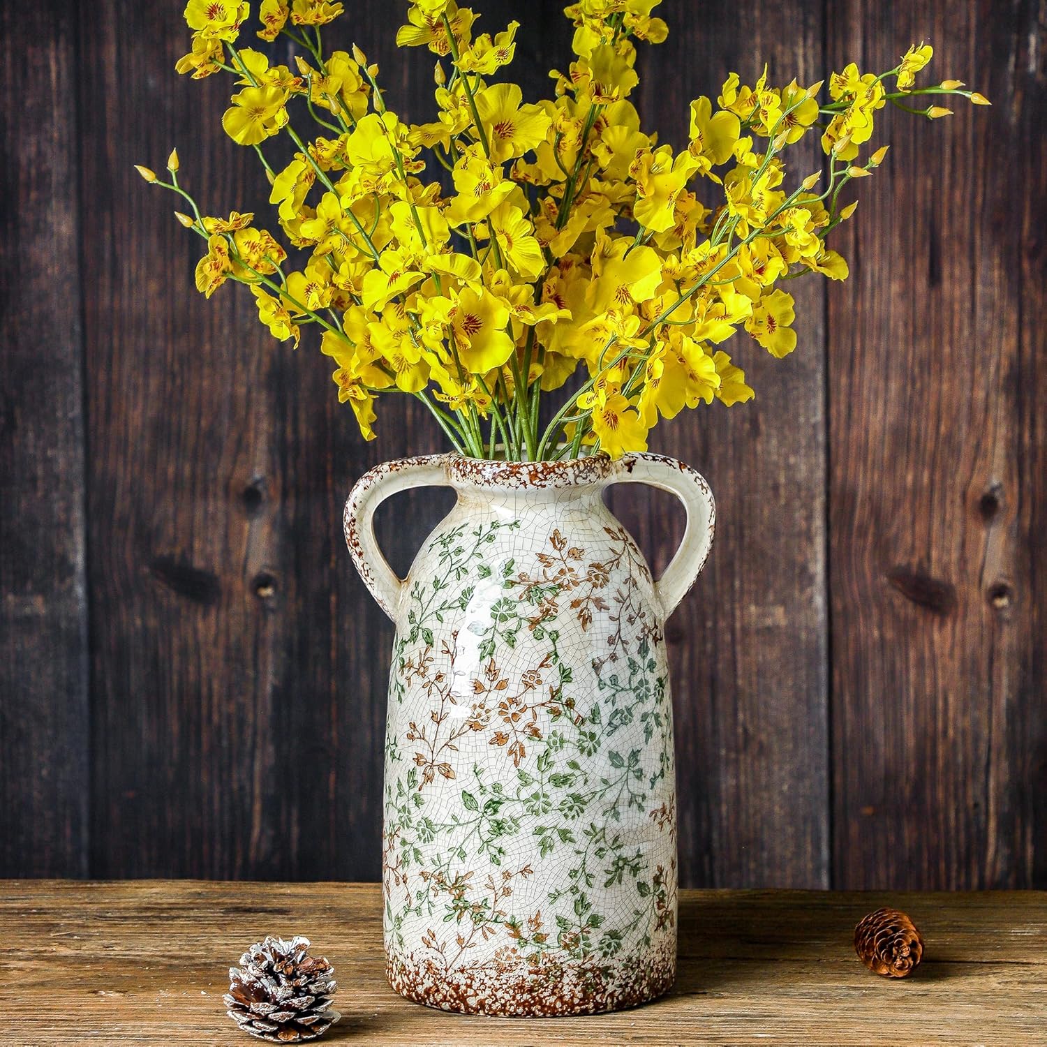 Enra Large Vintage Green and Beige Ceramic Chinoiserie Floral Vase, 11.2 Inch Rustic Decorative Flower Vase for Home, Living Room, Kitchen, or Office  Pastoral Retro Design