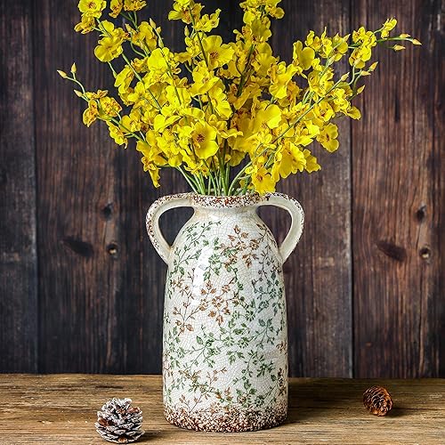 Enra Florero grande vintage de cerámica verde y beige, florero decorativo rústico de 11.2 pulgadas para el hogar, sala de estar, cocina u oficina,