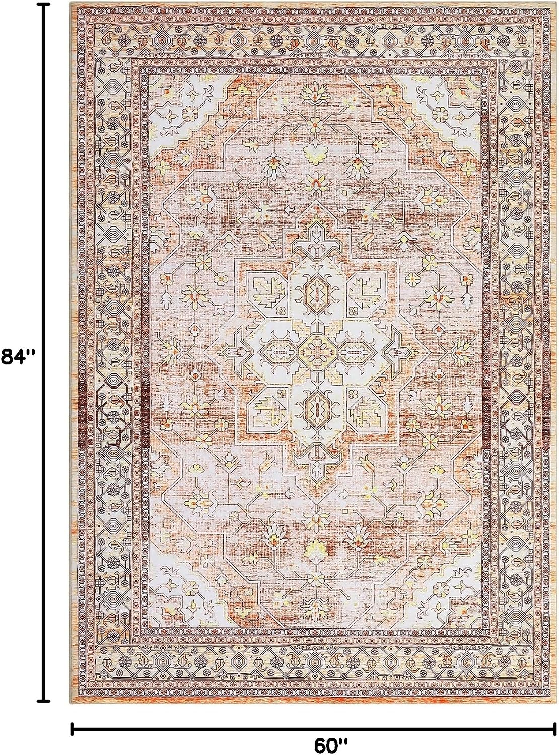 GAOMON Vintage Washable Rug 5x7 Boho Tribal Area Rugs for Living Room Oriental Floral Distressed Carpet for Bedroom Soft Low Pile Aesthetic Rug Non Slip Non-Shedding Foldable Carpet Accent Rug Orange