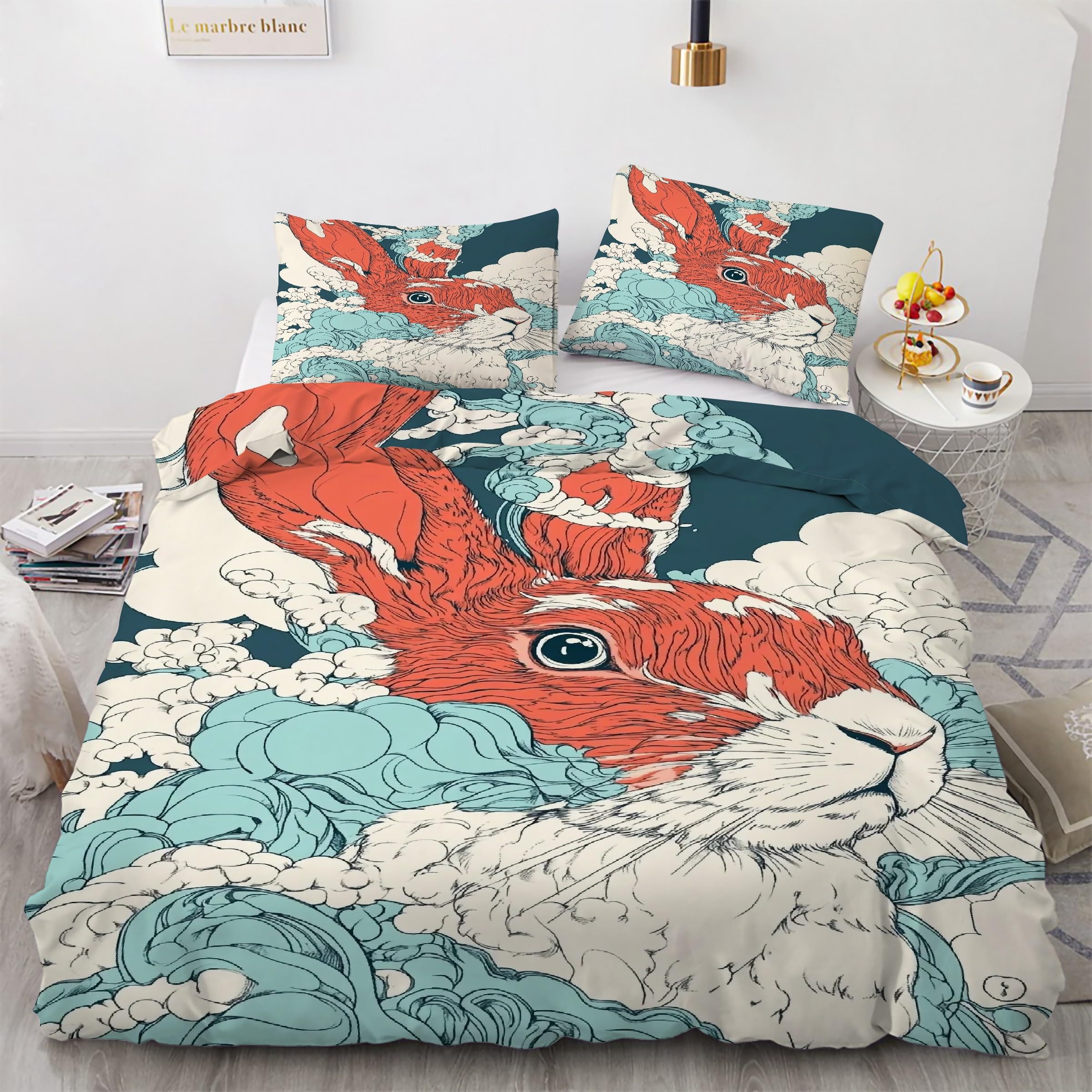 Housse de Couette 220x240 Lapin parure de lit 3 pièces microfibre avec taies d'oreiller