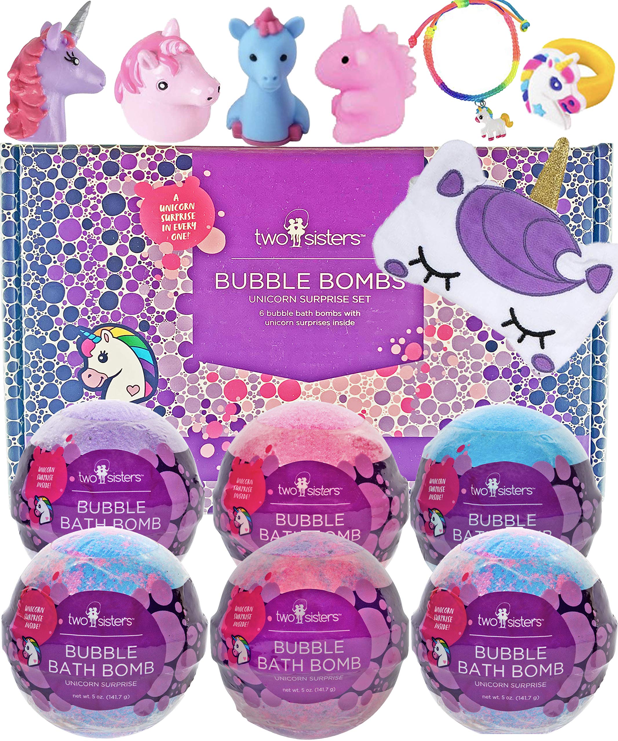 Two Sisters Spa Bubble Bath Bombs With Surprise Toy Minifigures Inside - Set Of 6 Large Fizzies In Gift Box - Safe, Fun Colors, Scented, Hand-Made In The Usa (Unicorn Surprises)