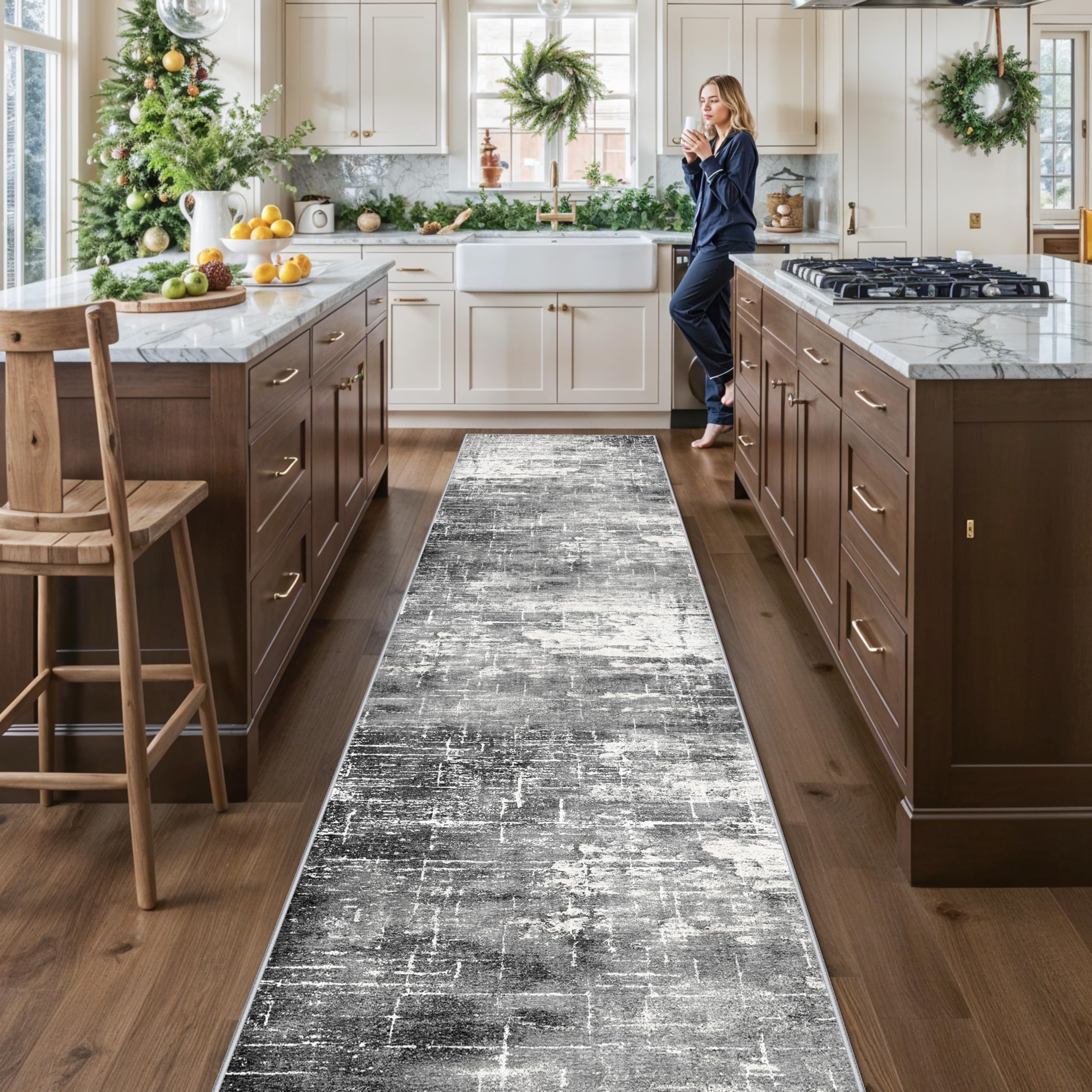 Abstract 14ft Long Runner Rug: Non-Slip Washable Rug Runner Low-Pile Soft Beside Carpet Indoor Farmhouse Entryway Floor Mat Bathroom Living Room Cozy Stain Resistant Area Rugs(2'6x14,Black/Grey) โ image 1