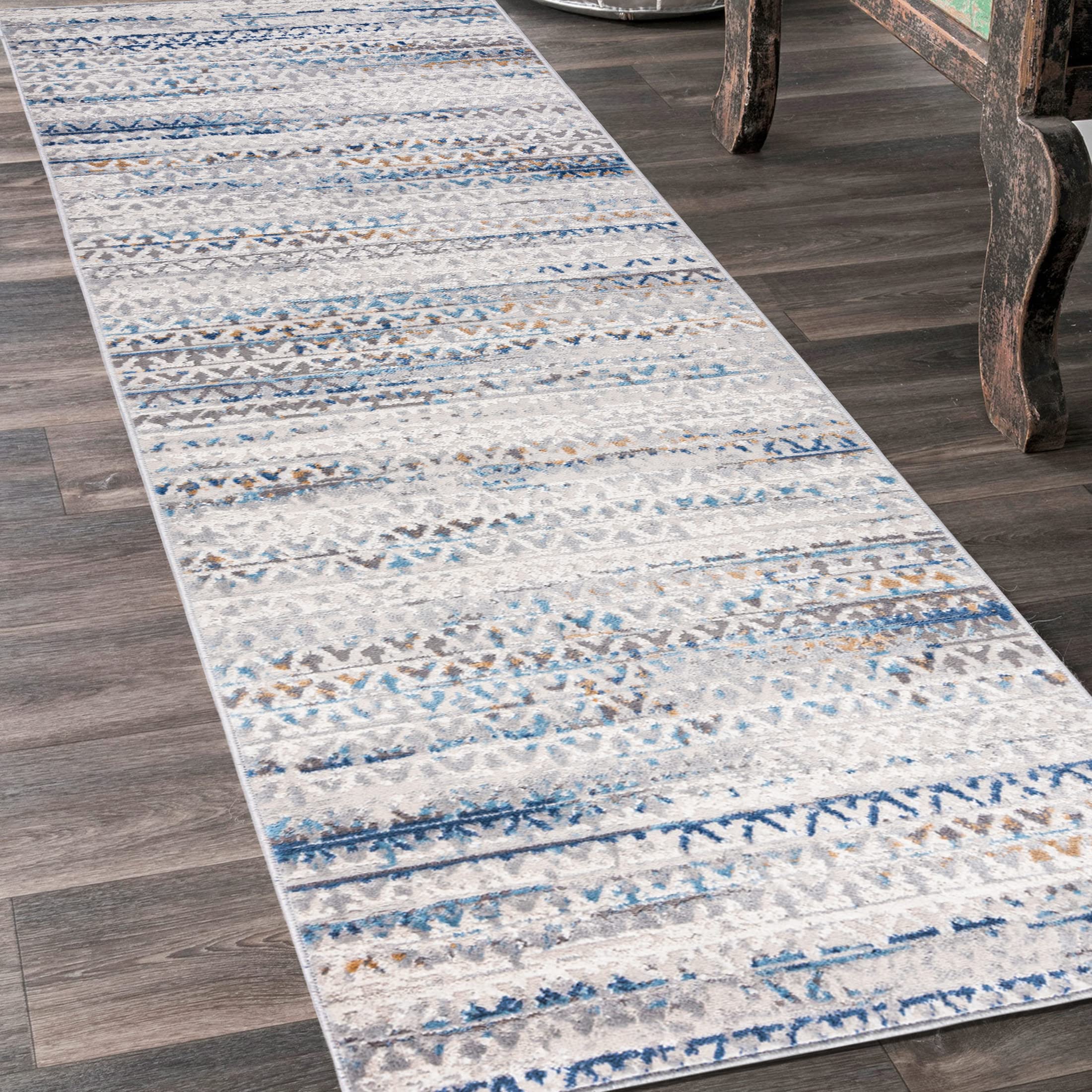 Tapis couloir long moderne gris bleu 60x275 cm pour entrée et passage vintage