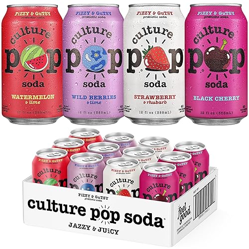 Culture Pop Soda, Jazzy & Juicy Variety Pack, Probiotic Low Sugar Soda, Sparkling Juice Alternative, Non-GMO, Kosher, Gluten-Free, No Stevia (12pk) - Jazzy & Juicy Variety Pack - 12 Fl Oz (Pack of 12)