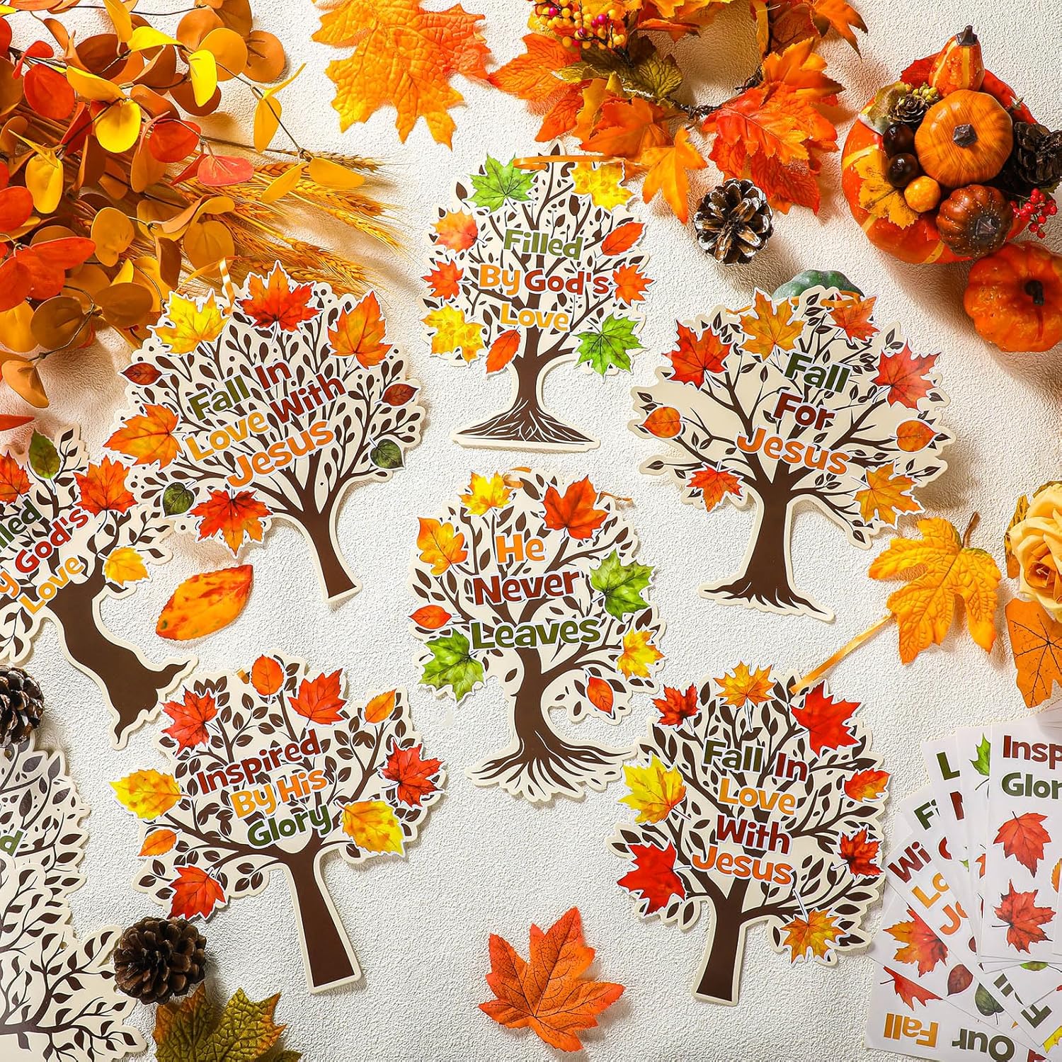 Watersay 48 Pcs Fall Thanksgiving Religious Crafts for Kids Christian Trees Craft Kits Religious Maple Leaves Trees Hanging Ornaments DIY Thanksgiving Craft Supplies Sunday School Classroom Activity