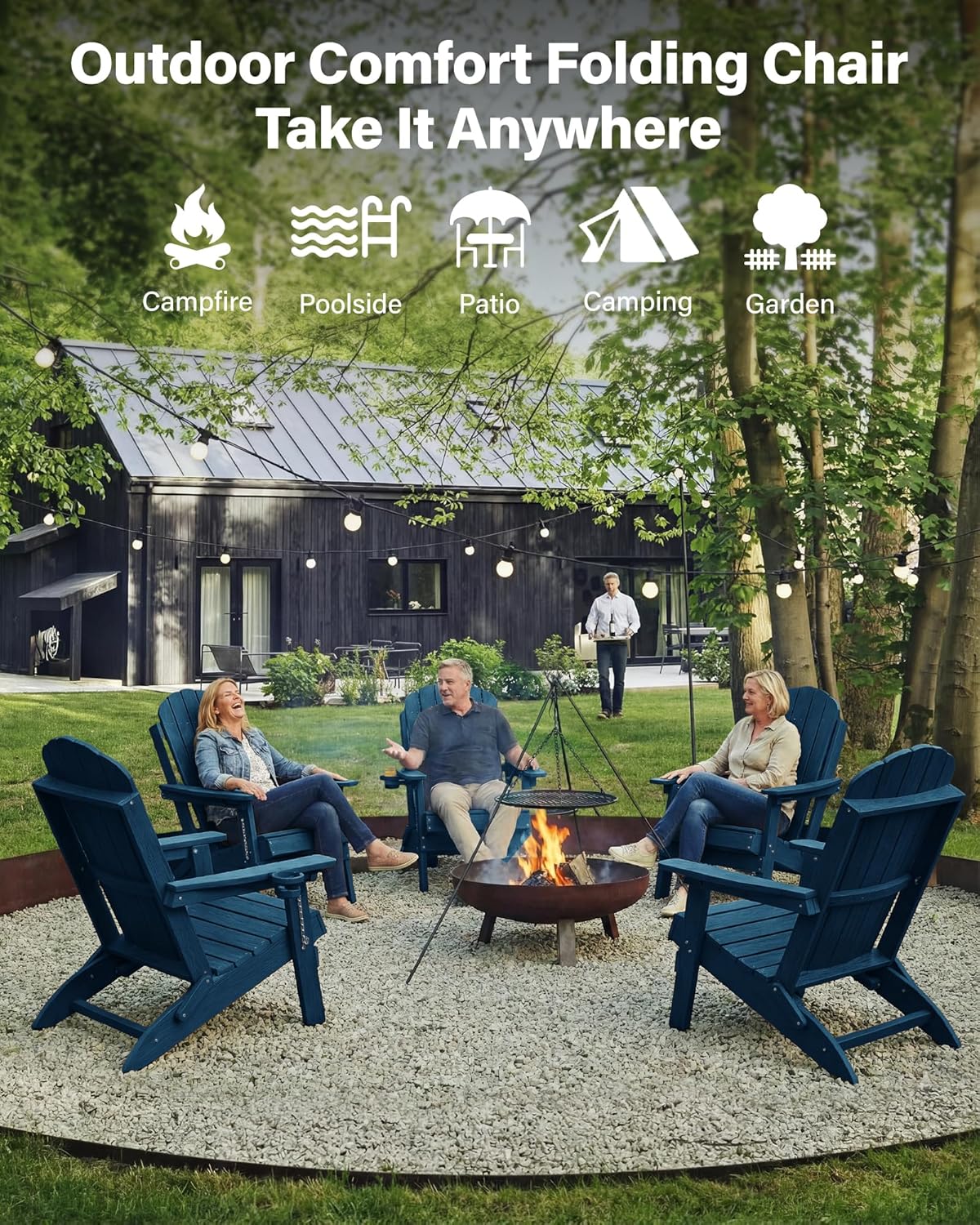 YEFU Adirondack Chairs Set of 2 for Outdoor: Folding Plastic Fire Pit Chair with Cup Holders & Adjustable Backrest - Sturdy All-Weather HDPE for Patio Lawn - Easy Assembly(Navy Blue)