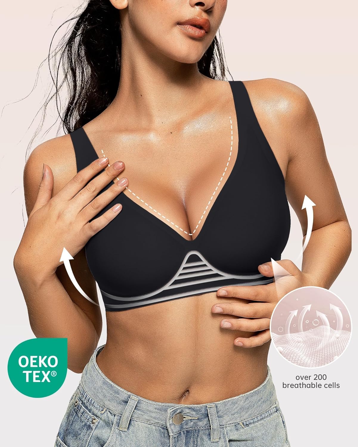 OEAK Womens Deep V Bras Wireless Comfortable Bra Supportive No Underwire Bras Tshirt Push Up Bralettes Plunge Seamless Bra thumbnail