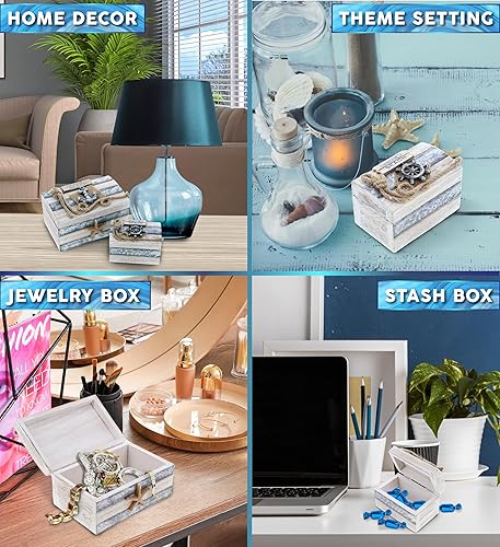 Miniatura 3 de CoTa Global Joyero de madera de mar plateado, juego de 2 piezas, baratija náutica hecha a mano con ancla y estrellas de mar, decoración del hogar de