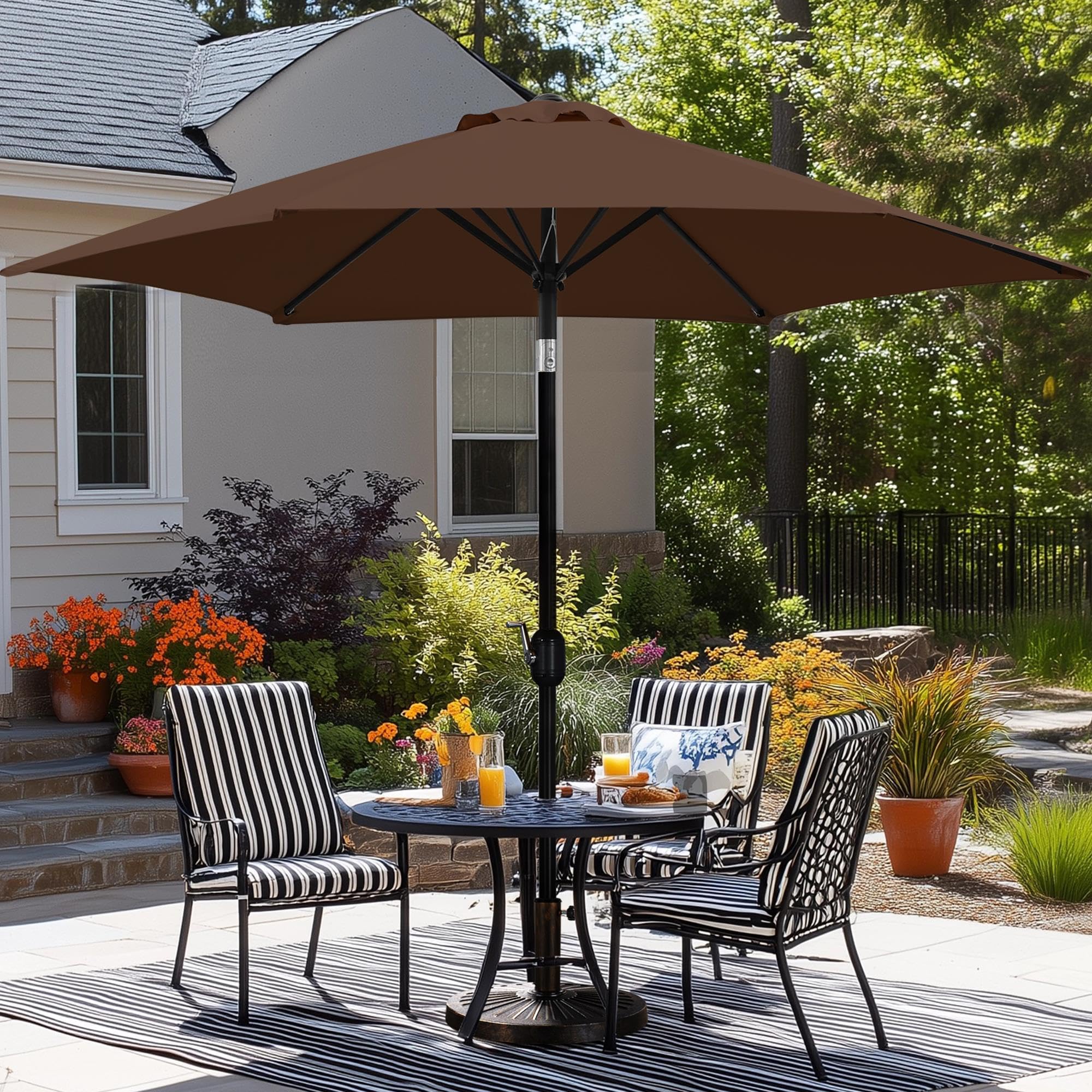 Yaheetech 9FT Patio Sunshade with 26.5lb Umbrella Base Outdoor Table Sunshade w/Push Button Tilt, Crank and Sturdy Ribs, Patio Umbrella with Base Included for Garden, Deck, Backyard and Pool- Brown