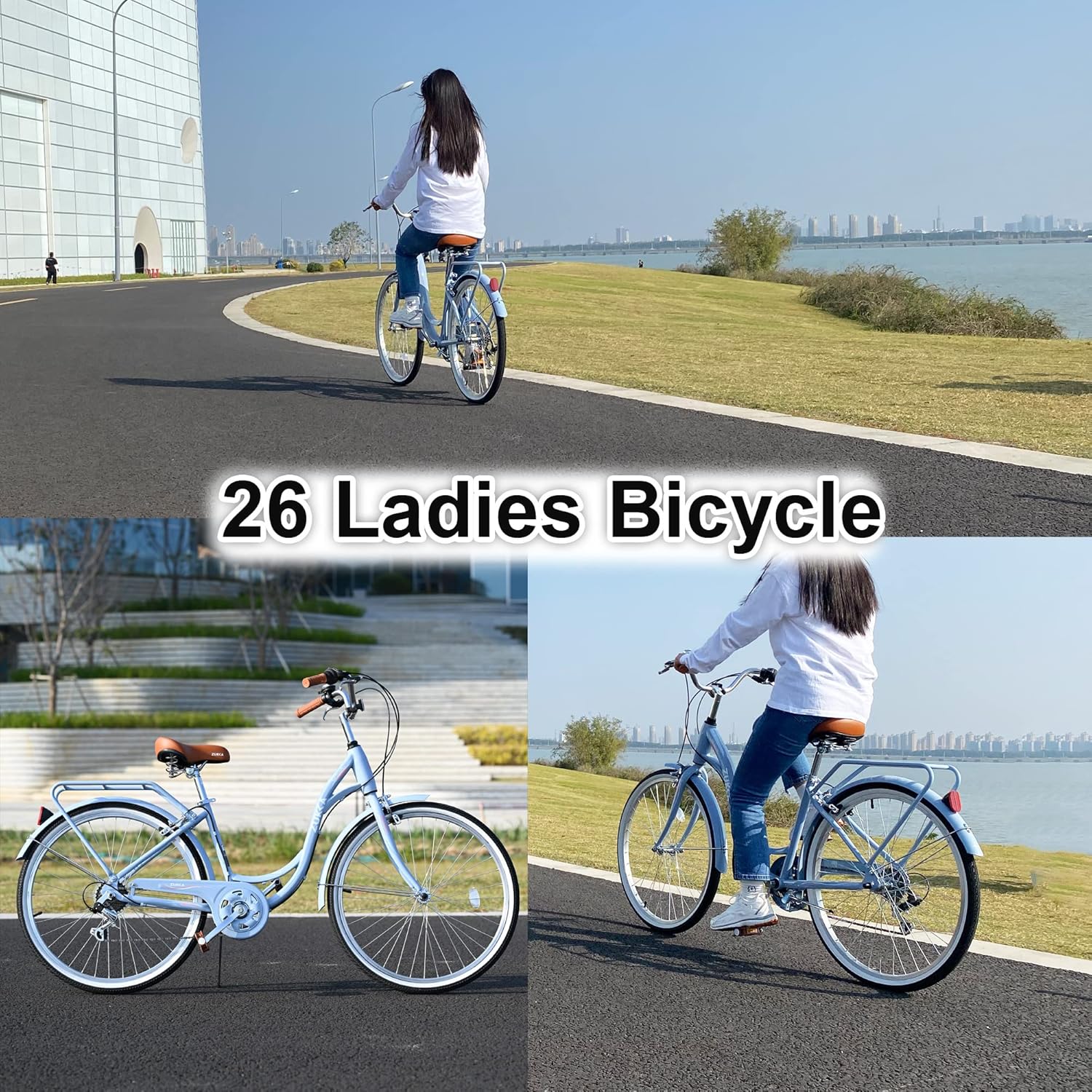 26 Inch Womens Beach Cruiser Bike 7 Speed，Hybrid Bike Women，Womens Commuter Bicycle，High-Carbon Steel Frame，Anti-Skid Tires，Multiple Colors