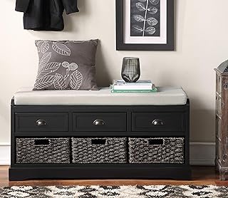 Wood Storage Bench with 3 Drawers and 3 Woven Baskets, Rattan Shoe Bench Home Collection Entryway Bench for Hallway, Living Room Black