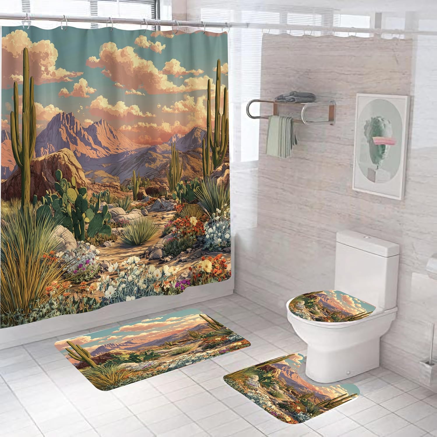 4Pcs Western Cactus Shower Curtain Sets, Tropical Desert Cacti Southwestern Theme Boho Bathroom Set with Non-Slip Rugs, Toilet Lid Cover, Bath Matand 12 Hooks 72 x 72 Inch