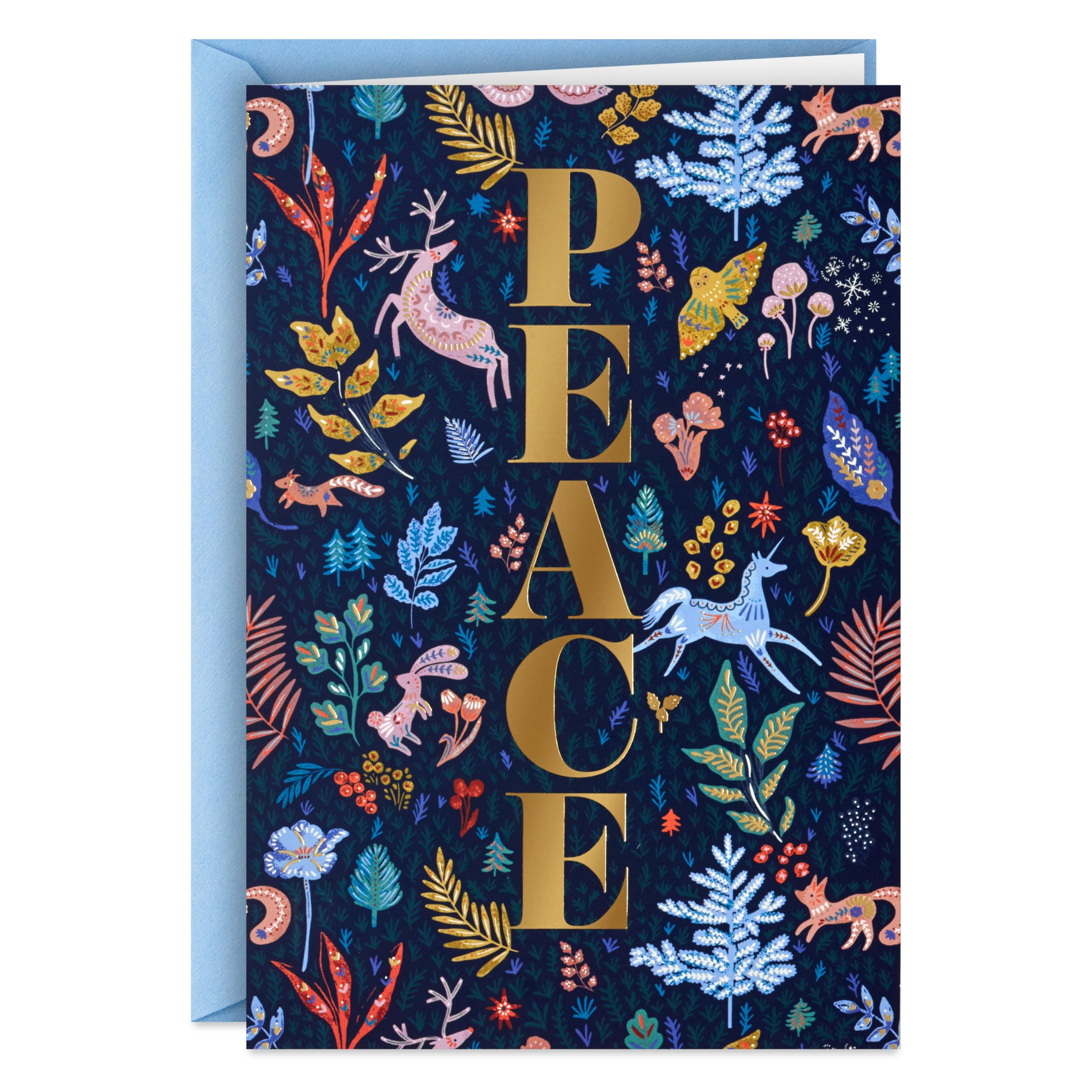 Hallmark Modern Folk Art Holiday Boxed Cards (16 Cards and 16 Envelopes) Gold Foil Peace, Pink and Blue Flowers and Animals