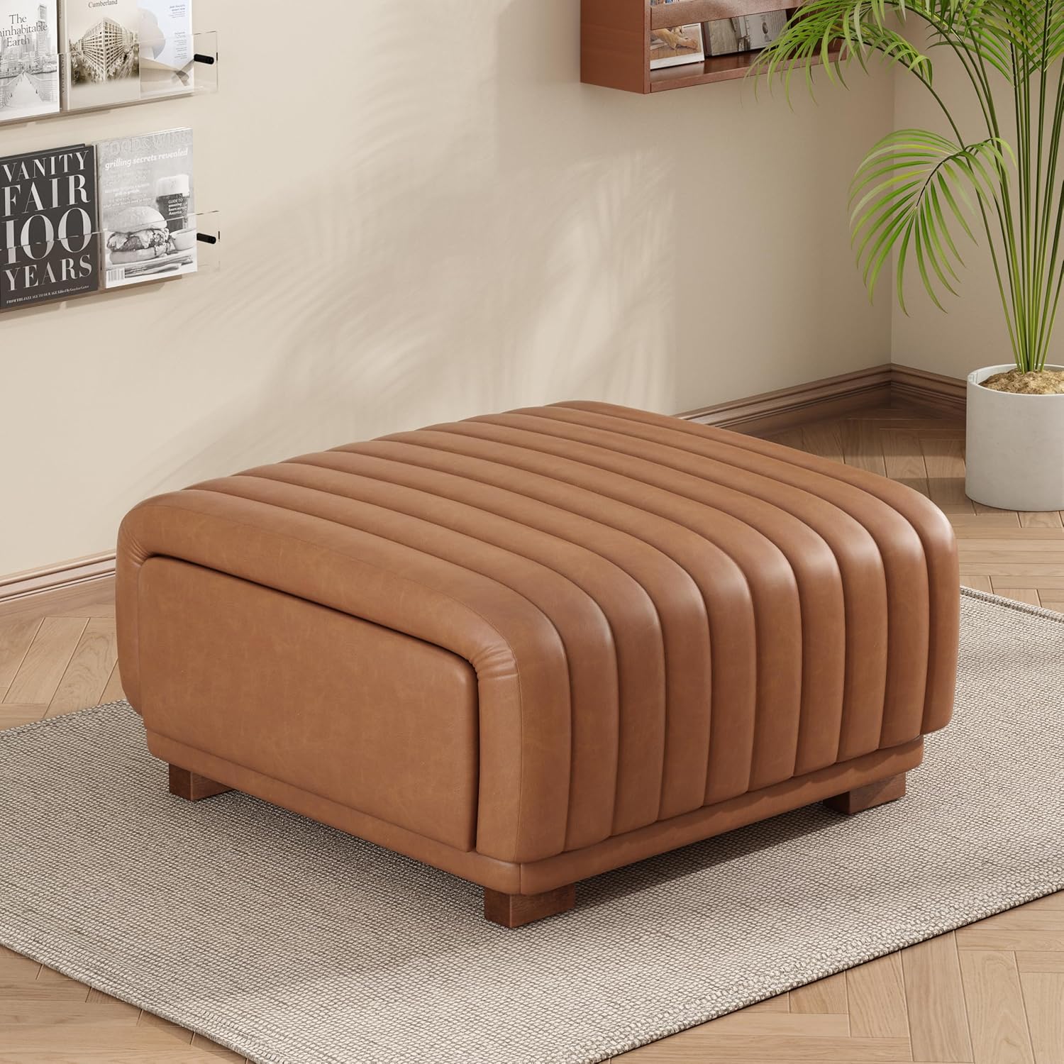Christopher Knight Home Reyno Brown Faux Leather Storage Ottoman with Side Drawers, Modern Upholstered Footrest Coffee Table