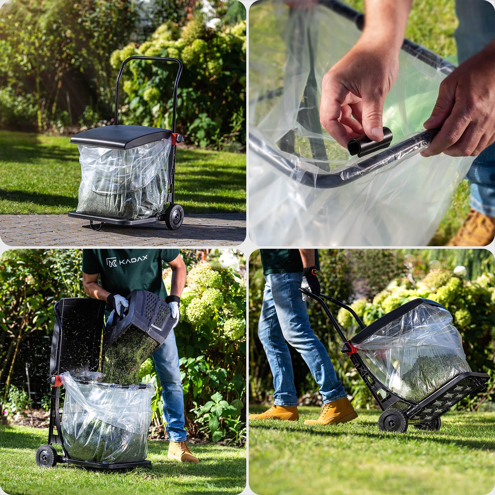 KADAX Carro de basura de 80 l, cubo con tapa y ruedas, soporte para bolsas móviles para jardín, acero y plástico
